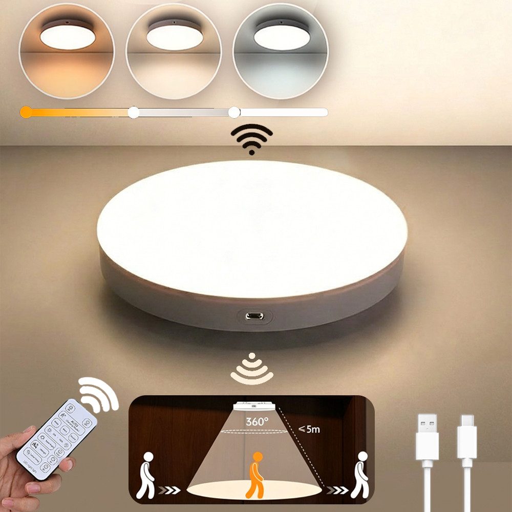 PRIISF LED Deckenleuchte LED Deckenlampe mit Radar Bewegungsmelder Akku Deckenleuchte 10000 mAh, Dimmbar, 3000K/4300K/6500K Runde Sensor Licht, Wiederaufladbare Deckenleuchte LED Panel, Aufladbar Lamp mit Fernbedienung‌ für Badezimmer, Keller, Garage