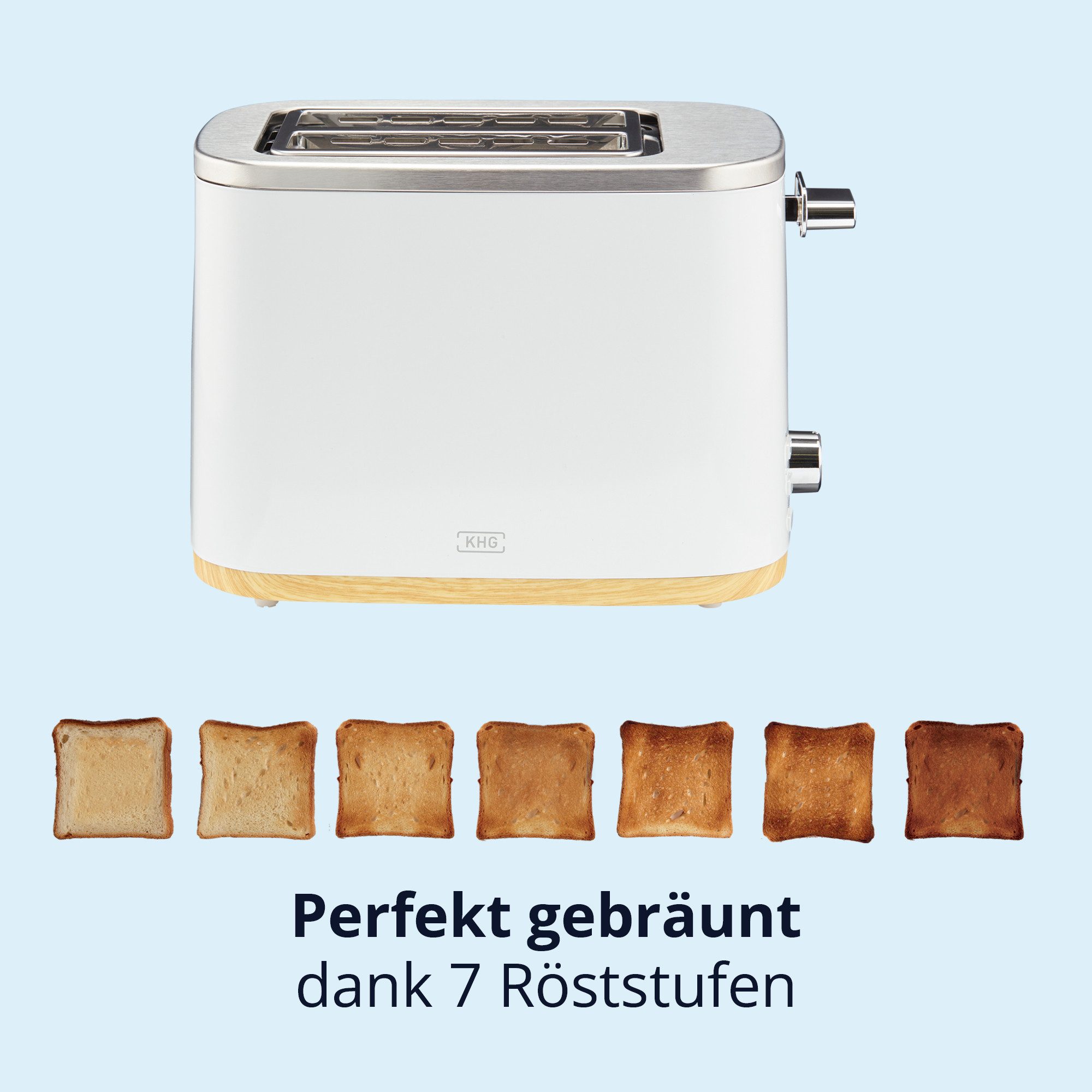 KHG Toaster Skandi Look Weiß, Auftau- und Aufwärmfunktion, 7 Bräunungsstufen, 2 kurze Schlitze, für 2 Scheiben, 800 W, Edelstahl, Brötchenaufsatz, Krümelschublade