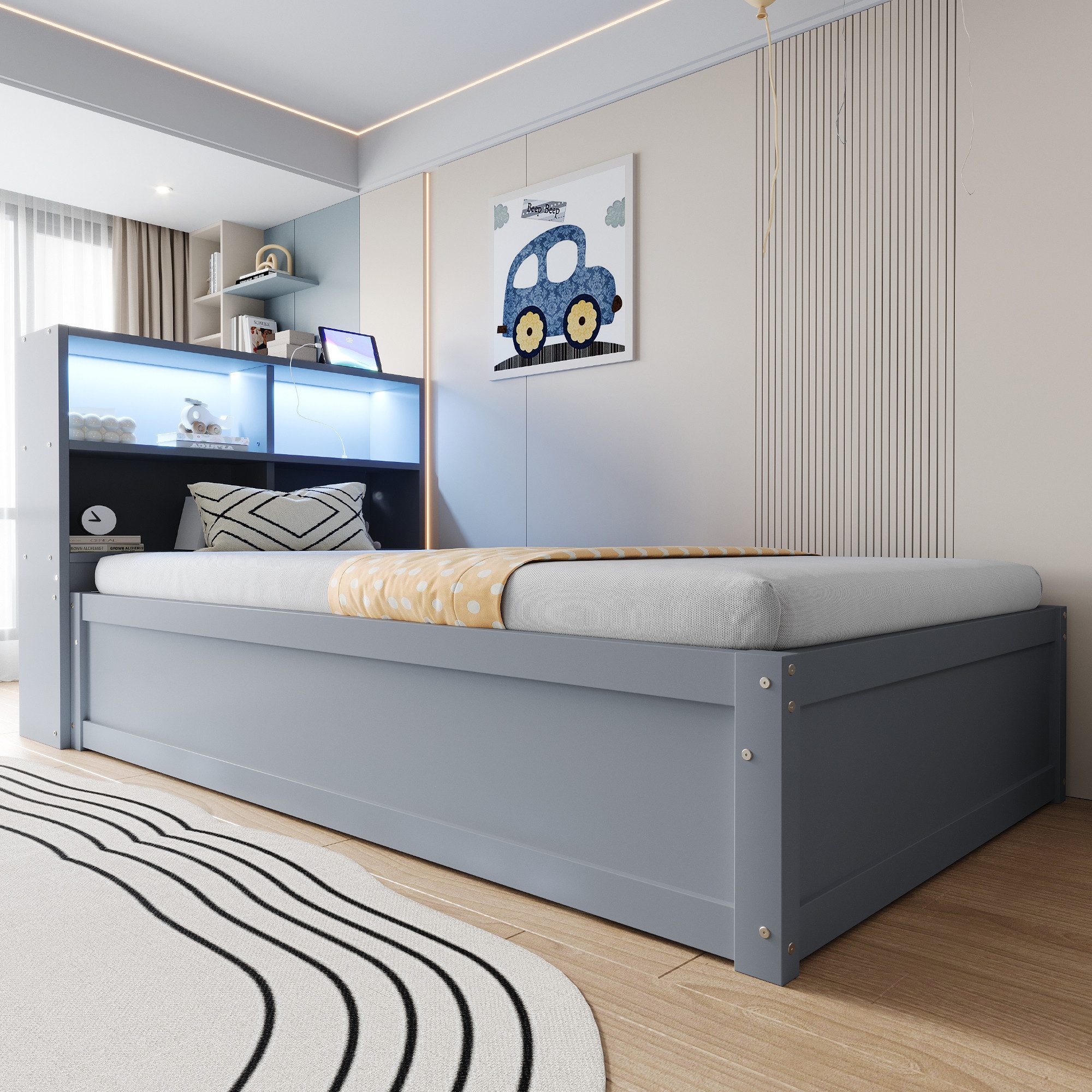 Merax Daybett 90x200cm mit LED-Lichtleiste und USB-Steckdose (1 tlg), Schlafsofa Kinderbett mit hydraulischem Stauraum und Ablagefächern