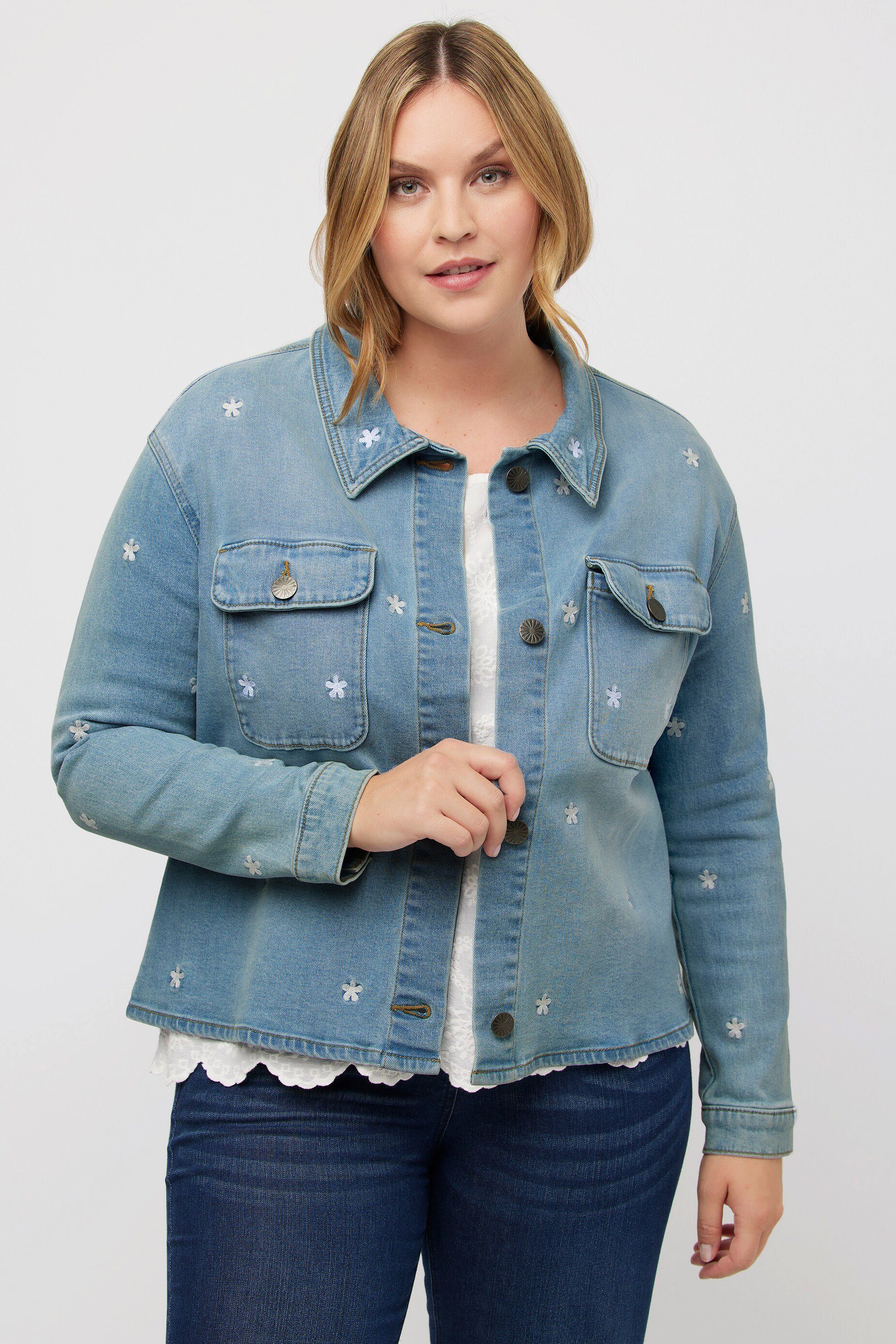 Ulla Popken Kurzjacke Jeansjacke Oversized Blütenstickerei günstig online kaufen