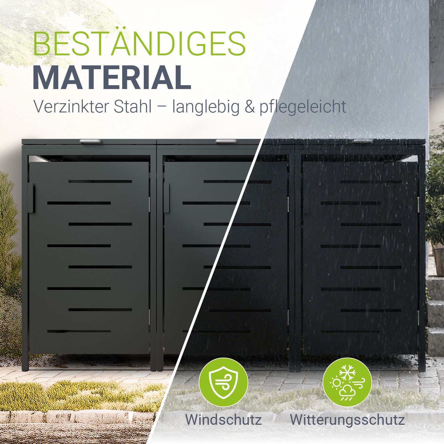 Juskys Mülltonnenbox Arel, 3er Metall Müllbox mit Dach, 120, 240 Tonne, modern