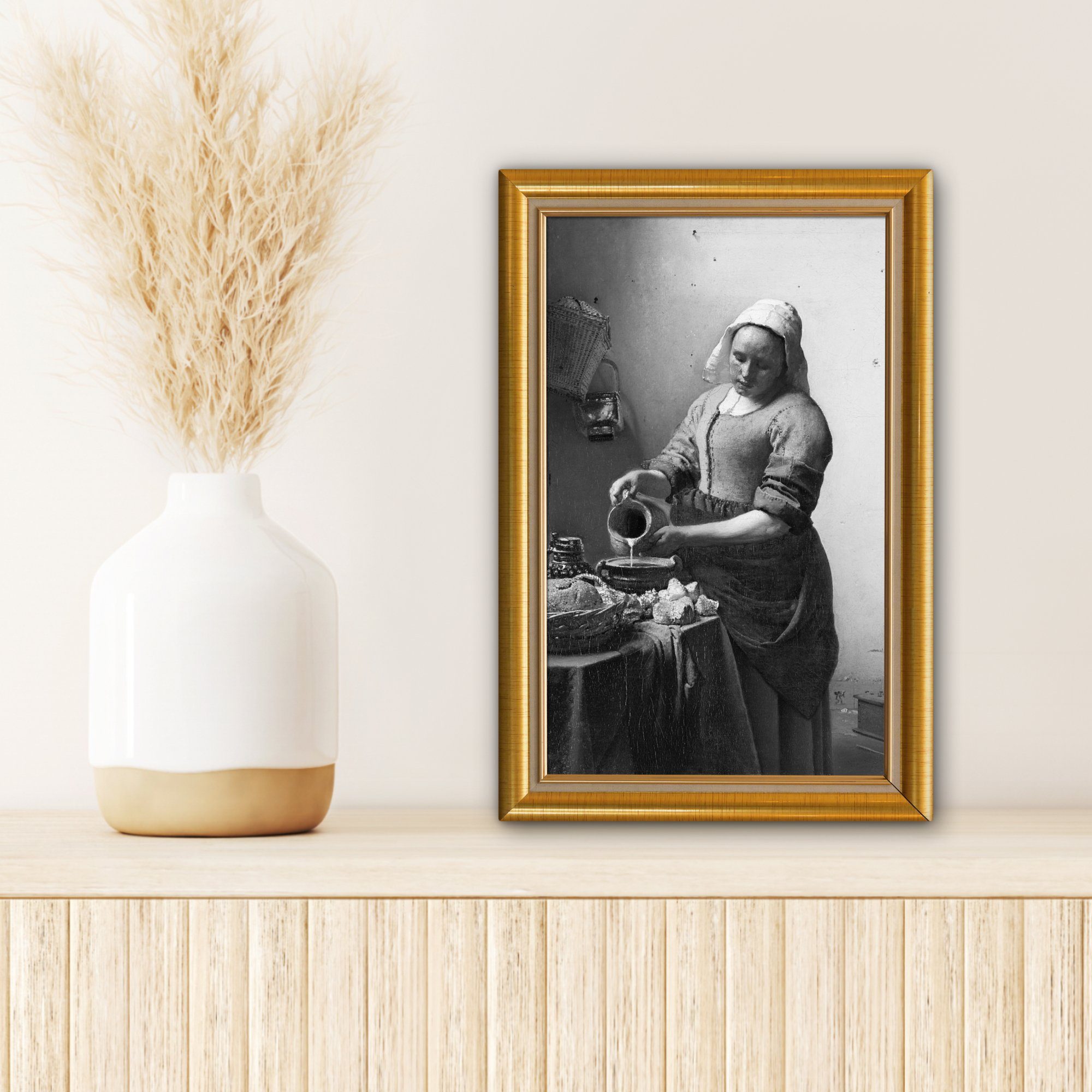 bespannt fertig - Gold, cm St), OneMillionCanvasses® Vermeer Rahmen 20x30 Leinwandbild inkl. - - Zackenaufhänger, (1 Milchmädchen Leinwandbild Gemälde,