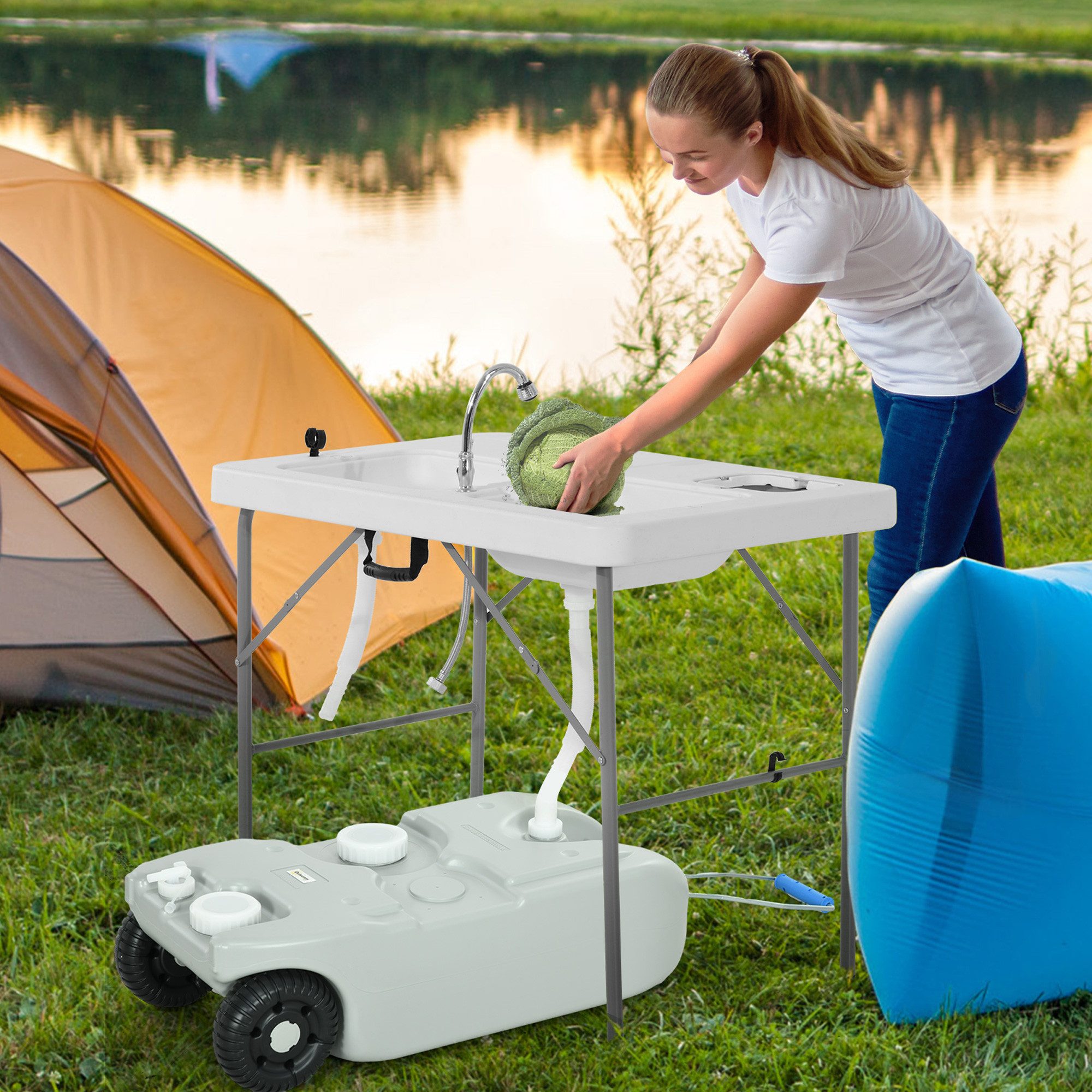 Outsunny Wassertank 40 L Abwasser Rolltank Abwassertank Wohnmobil (Rolltank mit Griff, 1 St., Wasserkanister), Tragbarer Mehrzweckkanister, HDPE, Grau