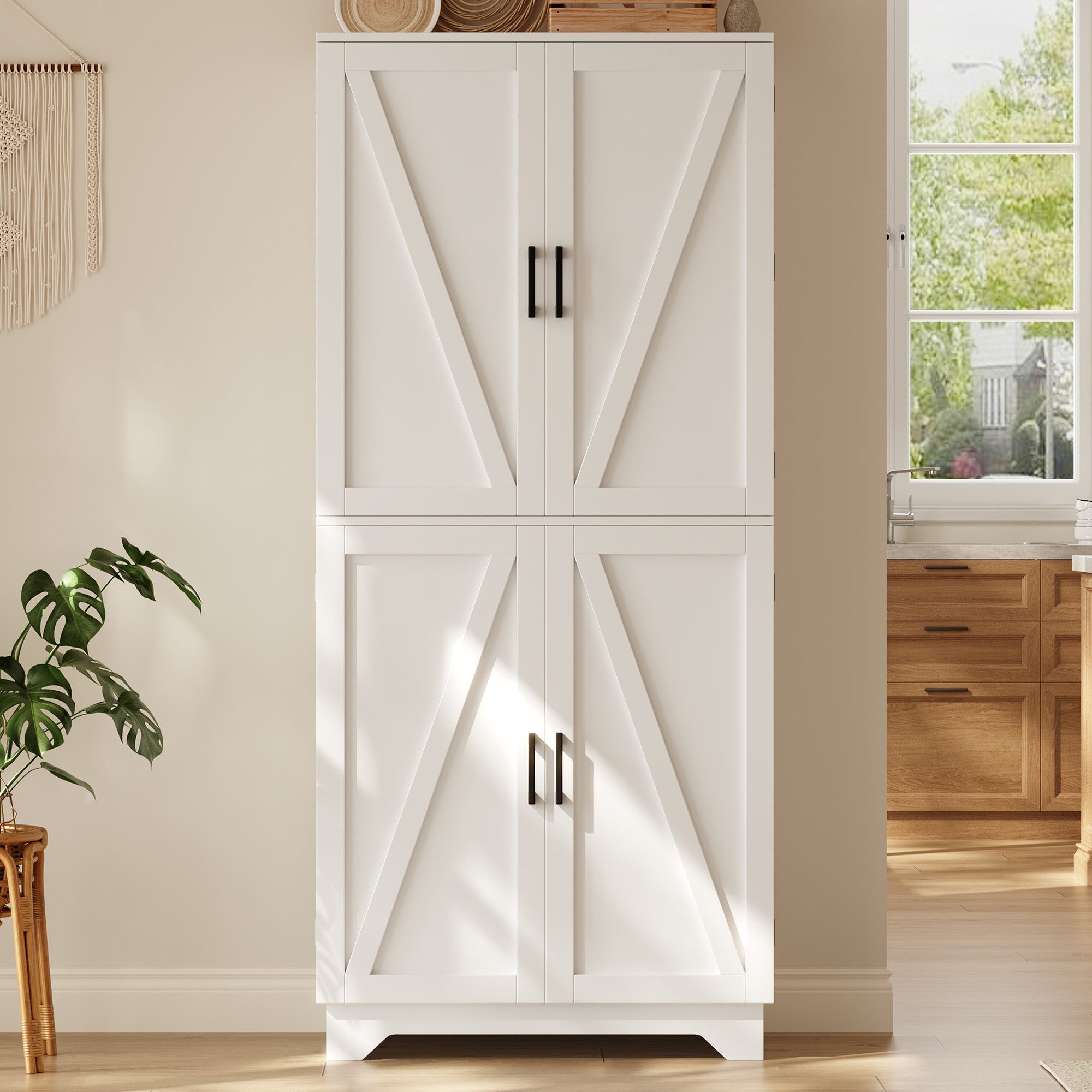 Celya Küchenbuffet Küchenschrank, hoher Stauraumschrank mit 4 Scheunentor-Türen (80 × 40× 180 cm Aufbewahrungsschrank mit Weinregal und Türregal)
