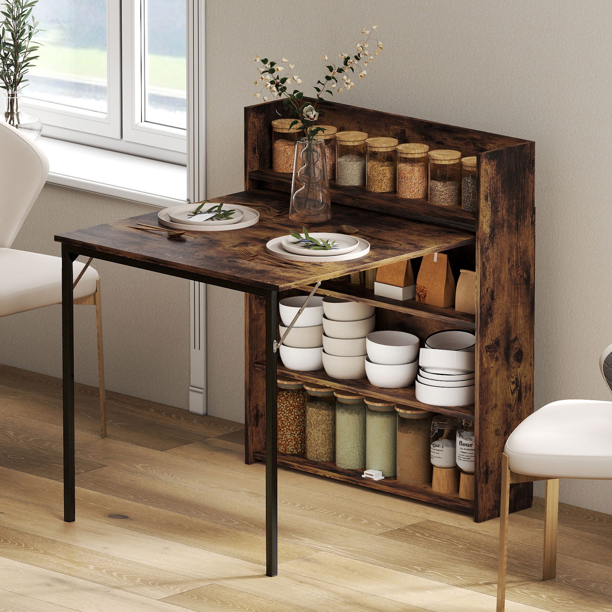 HOMCOM Klapptisch Esstisch Klappbar für 3 Personen mit 4-stufigen Regalen (Esszimmertisch, 1-St., Küchentisch), für kleine Räume, Küche, Esszimmer, 80 x 90 x 93 cm, Rustikal-Braun
