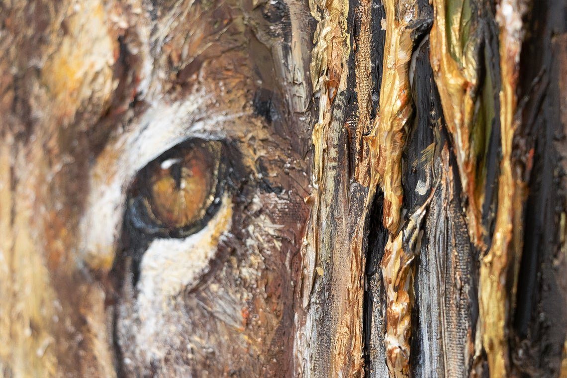 YS-Art Gemälde Macht, Tiere, Leinwand Löwe Gold Bild Handgemalt Schwarz in Tier