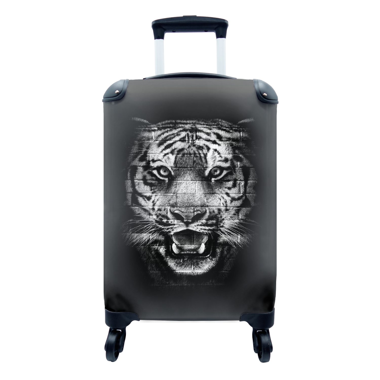 MuchoWow Handgepäckkoffer Tigerkopf Reisetasche -, Ferien, Muster Handgepäck rollen, aus 4 Steinen mit für Rollen, schwarzem mit Reisekoffer einem Hintergrund Trolley, auf