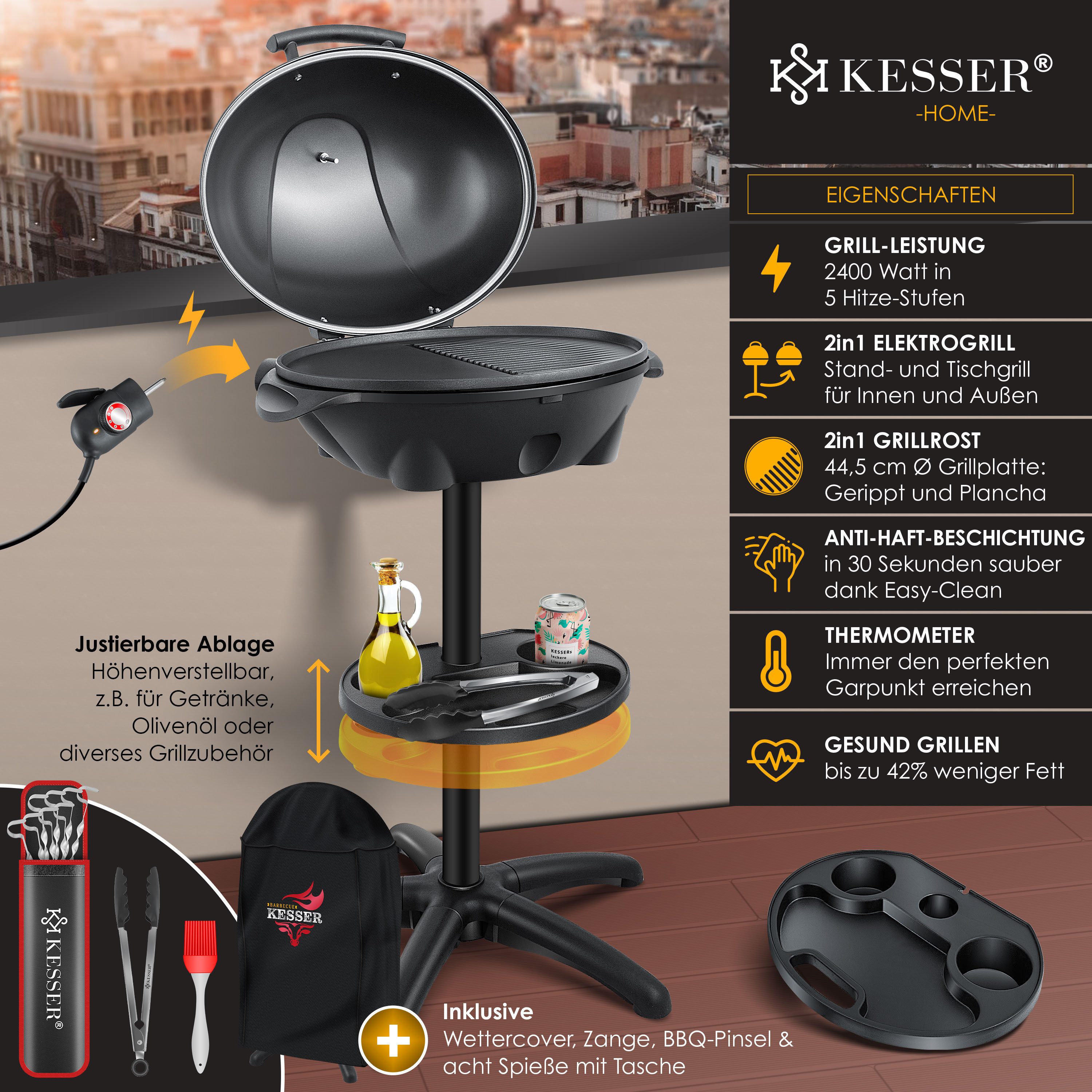 KESSER Elektro-Standgrill, elektrischer Grill Set mit Deckel, Thermometer & Antihaftbeschichtung