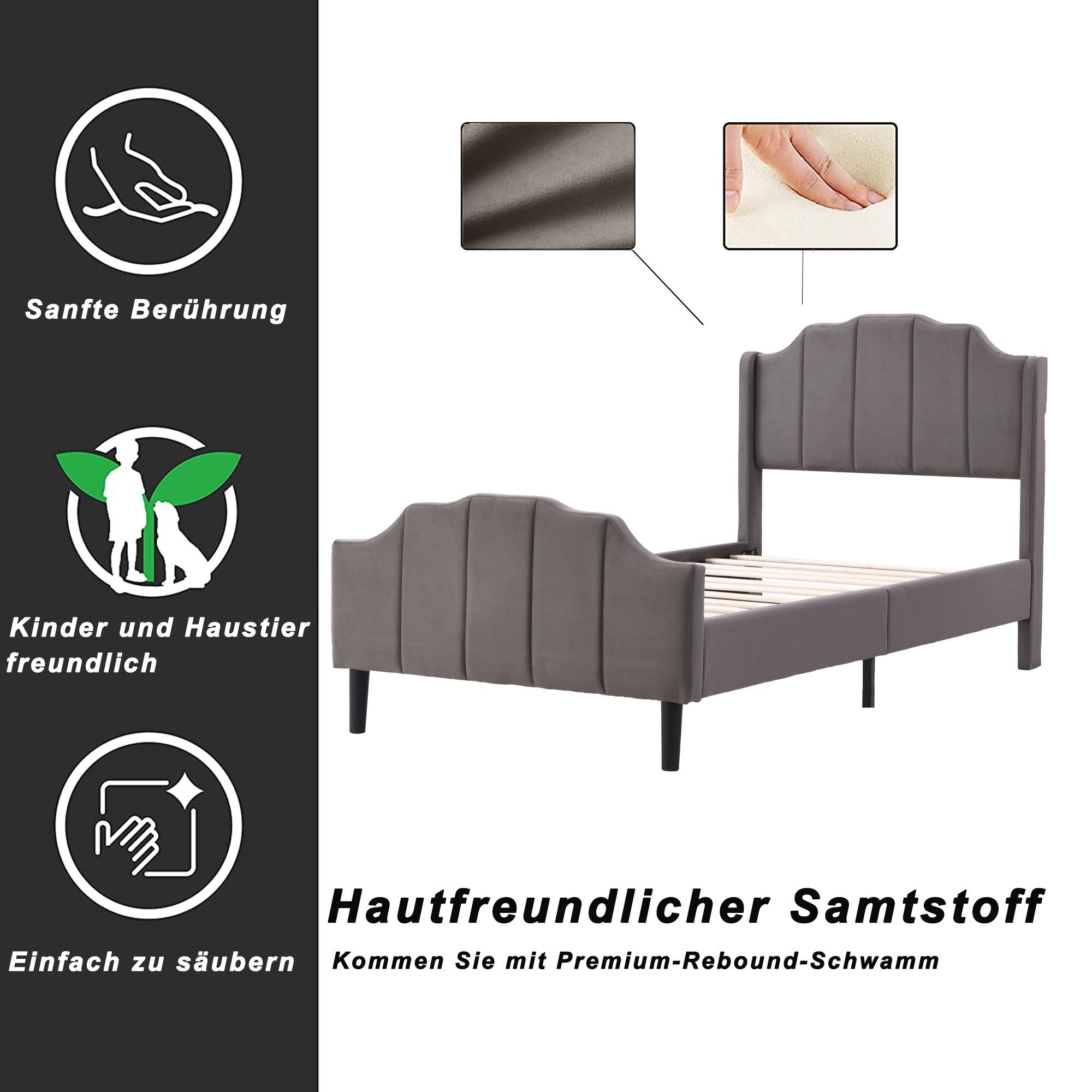 Polsterbett (Einzelbett 90 x 200 cm mit Kopfteil und Lattenrost), Jugendbett mit Gepolstertes Kopfteil, Bezug aus Samt