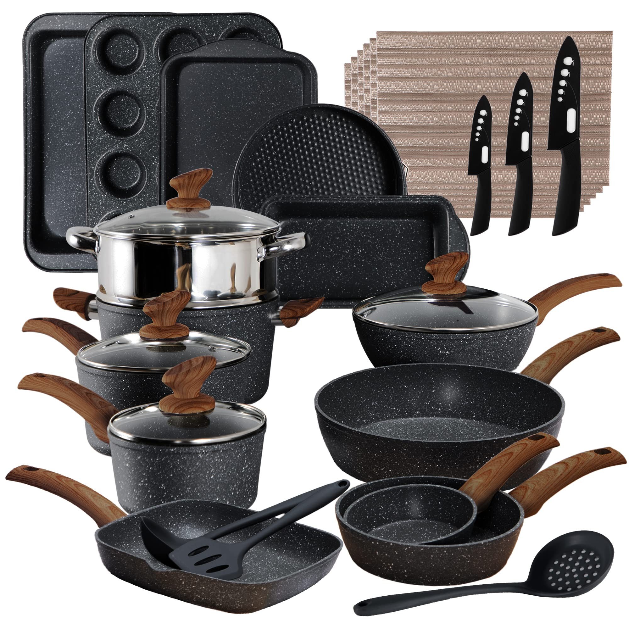 Kitchen Academy Topf-Set, Aluminium, Granit (30-tlg, Pfanne 14/20/24,5/28 cm, Bratpfanne 24,5cm, Kasserolle 1,5/3/5 qt, 2 Backform, Kastenform, Rundeform, Muffinform, Silikonbesteck), Küche Induktion Kochgeschirr & Backgeschirr Set 30-teiliges