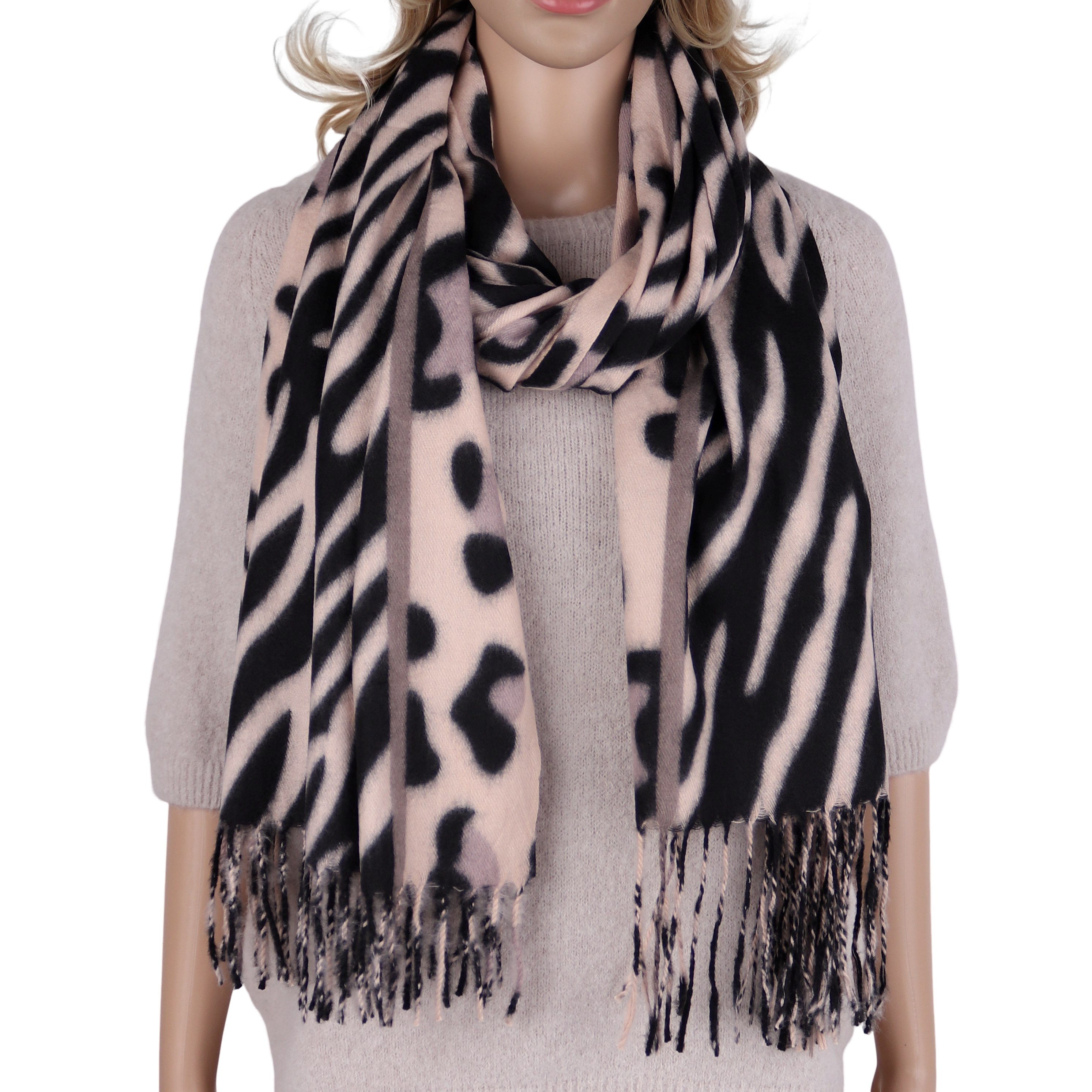 MIRROSI Modeschal weicher und warmer Schal mit Fransen, ca.70x180cm, (Leopard Zebra Muster), Damen Halstuch ideal für Herbst und Winter