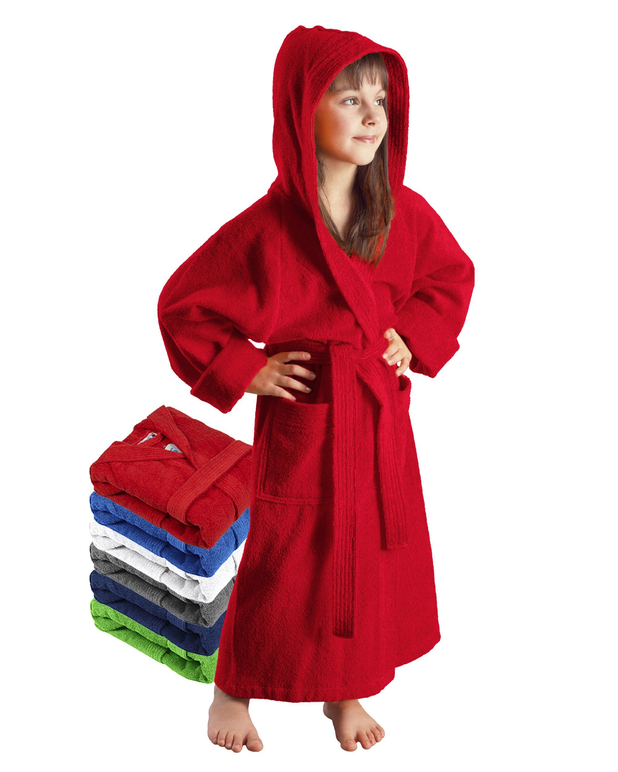 Arus Kinderbademantel für Jungen und Mädchen, mit Kapuze, in vielen Farben erhältlich, 100% Baumwolle, Kapuze, Gürtel, mit zwei Taschen, farbenfroh