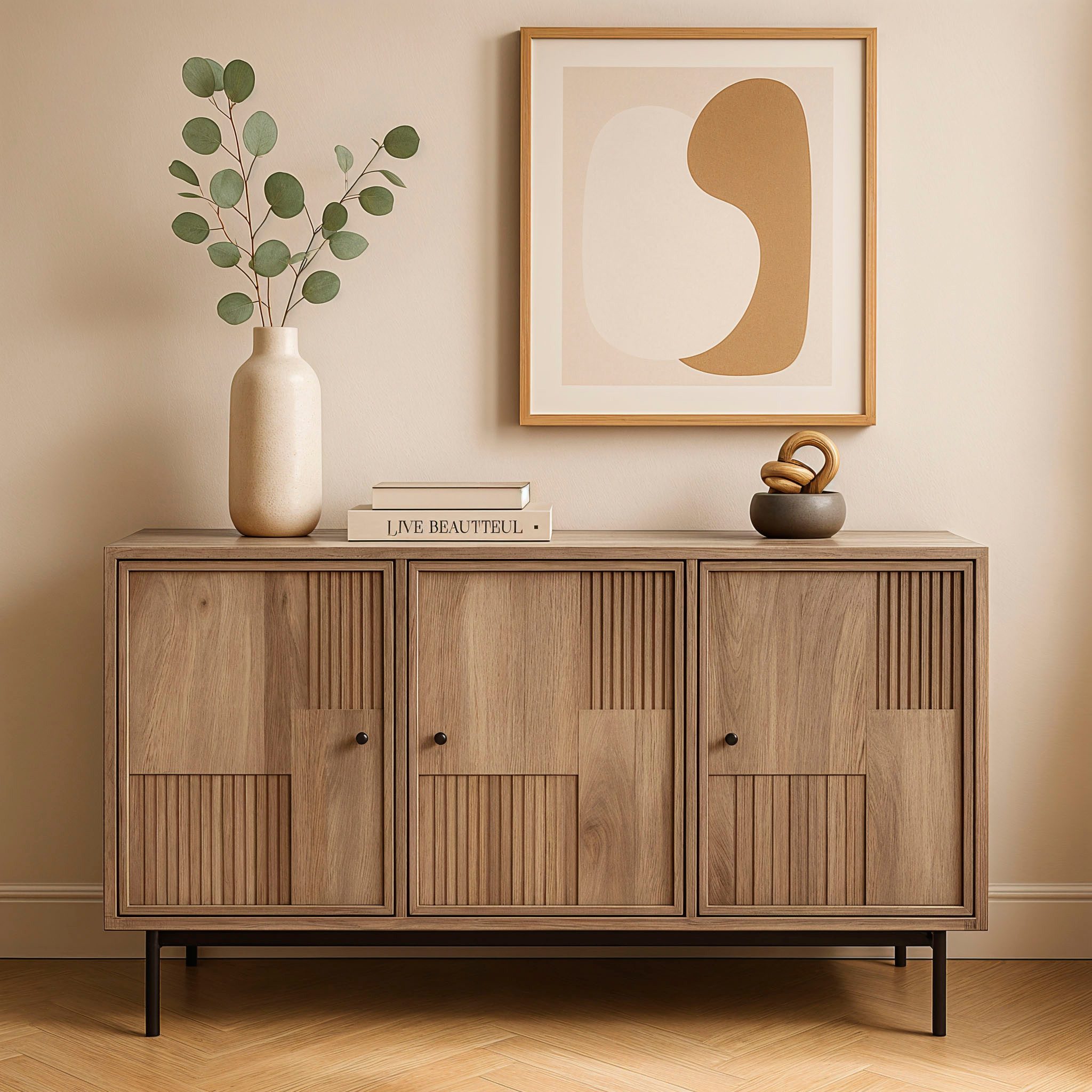 SIT Sideboard Kommode – Massives Holz mit Lamellen‑Front & kunstvollen Schnitzereien (1 St), Massives Lamellen‑Sideboard mit kunstvollen Schnitzereien & Stauraum