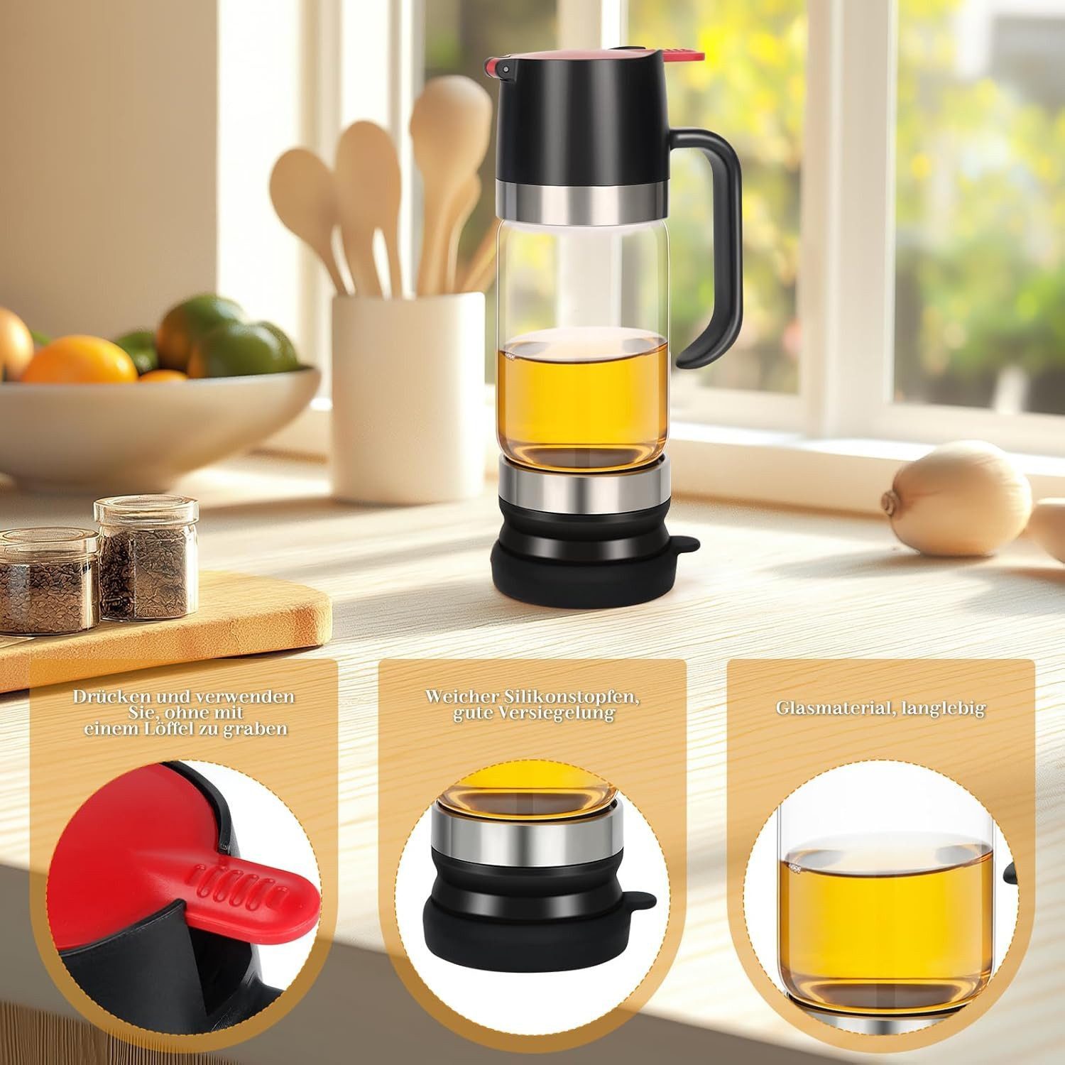 BlingBin Honigglas 300 Ml Honigspender Glas, Honigspender Tropffrei Glas 10 Ounces, Glas und Kunststoff, (1 Stück, 1-tlg., 300ml), Push-Typ Honigspender Glas Ideal für Honig und Sirup