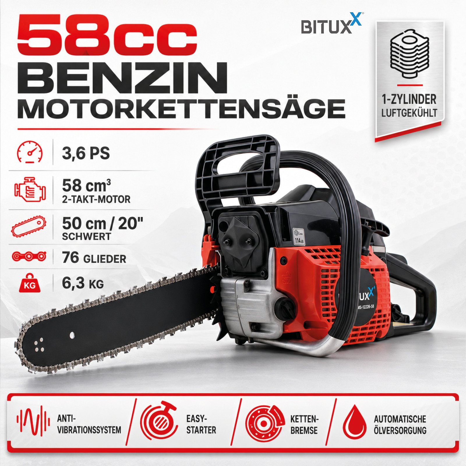 Bituxx Benzin-Kettensäge 58ccm inkl. 20 Zoll Schwert und Kette, 50 cm Schwertlänge, Set, MS-12226
