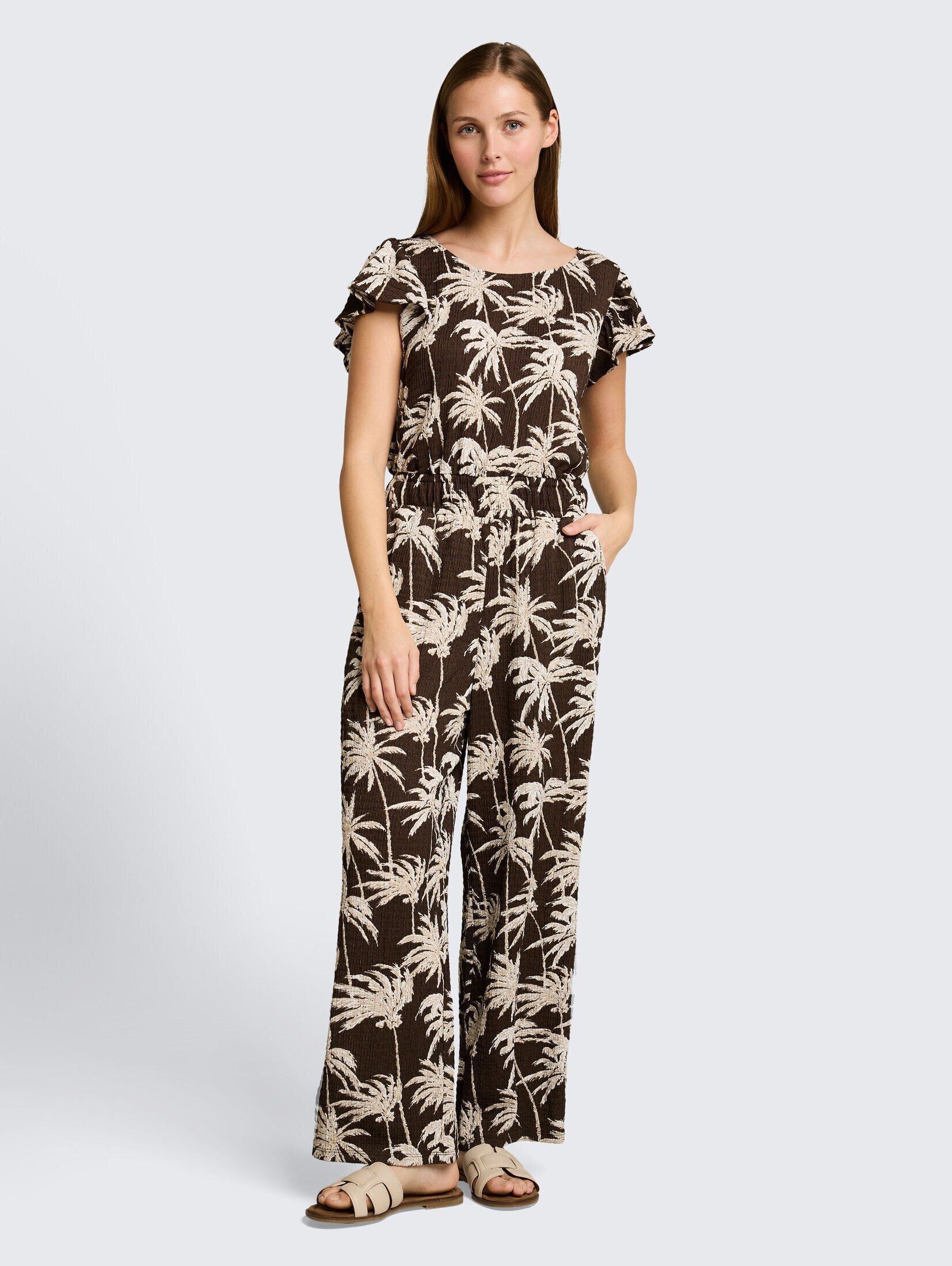 TOM TAILOR Denim Jumpsuit Overalls Crinkle Jumpsuit mit Rüschenärmeln