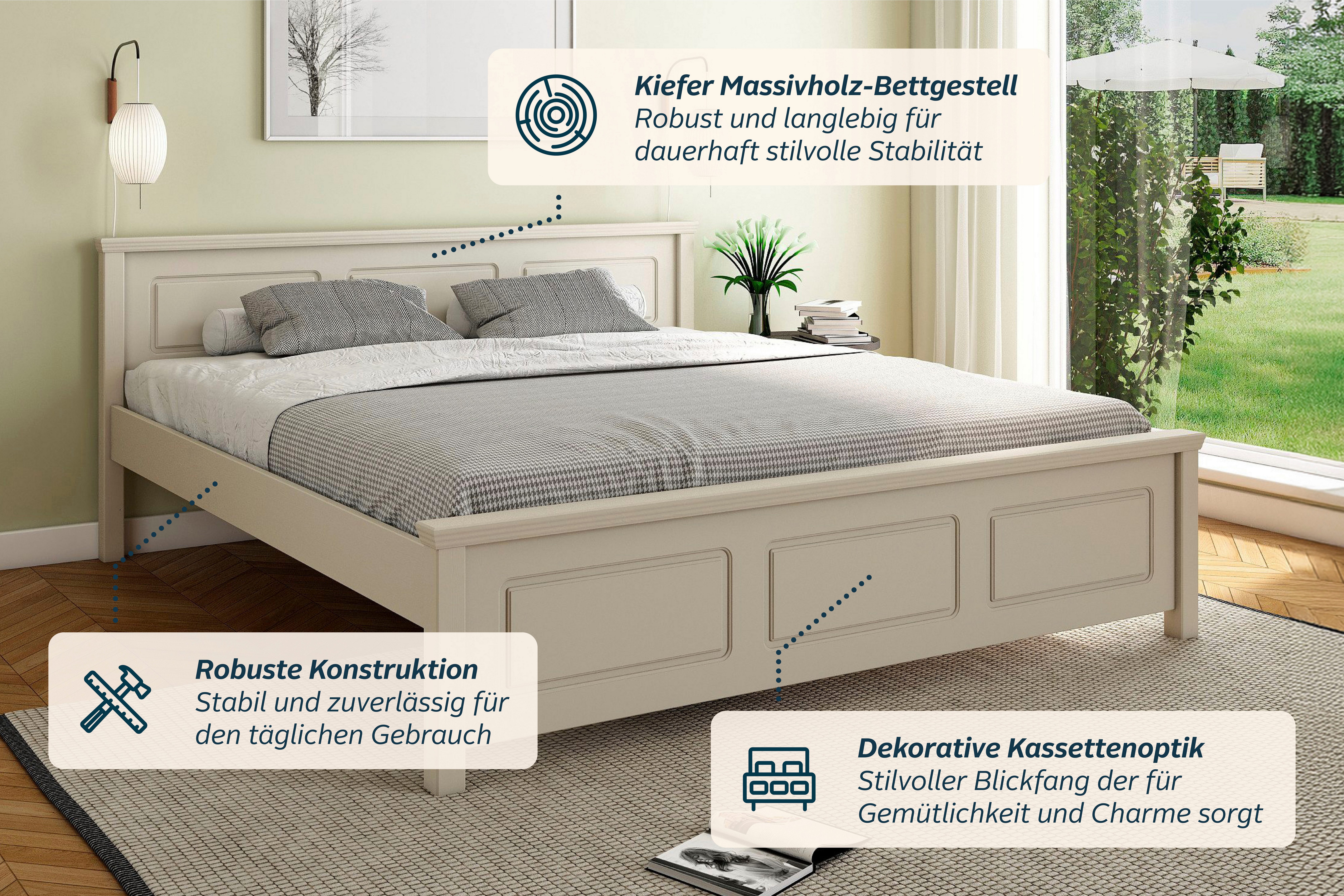 OTTO home Massivholzbett ERIKK', Made in Europe, optional mit Schublade, Massivholz Kiefer (FSC® zertifiziert), in mehreren Größen, Landhausstil mit Kassettenop – Bild 4 von 5