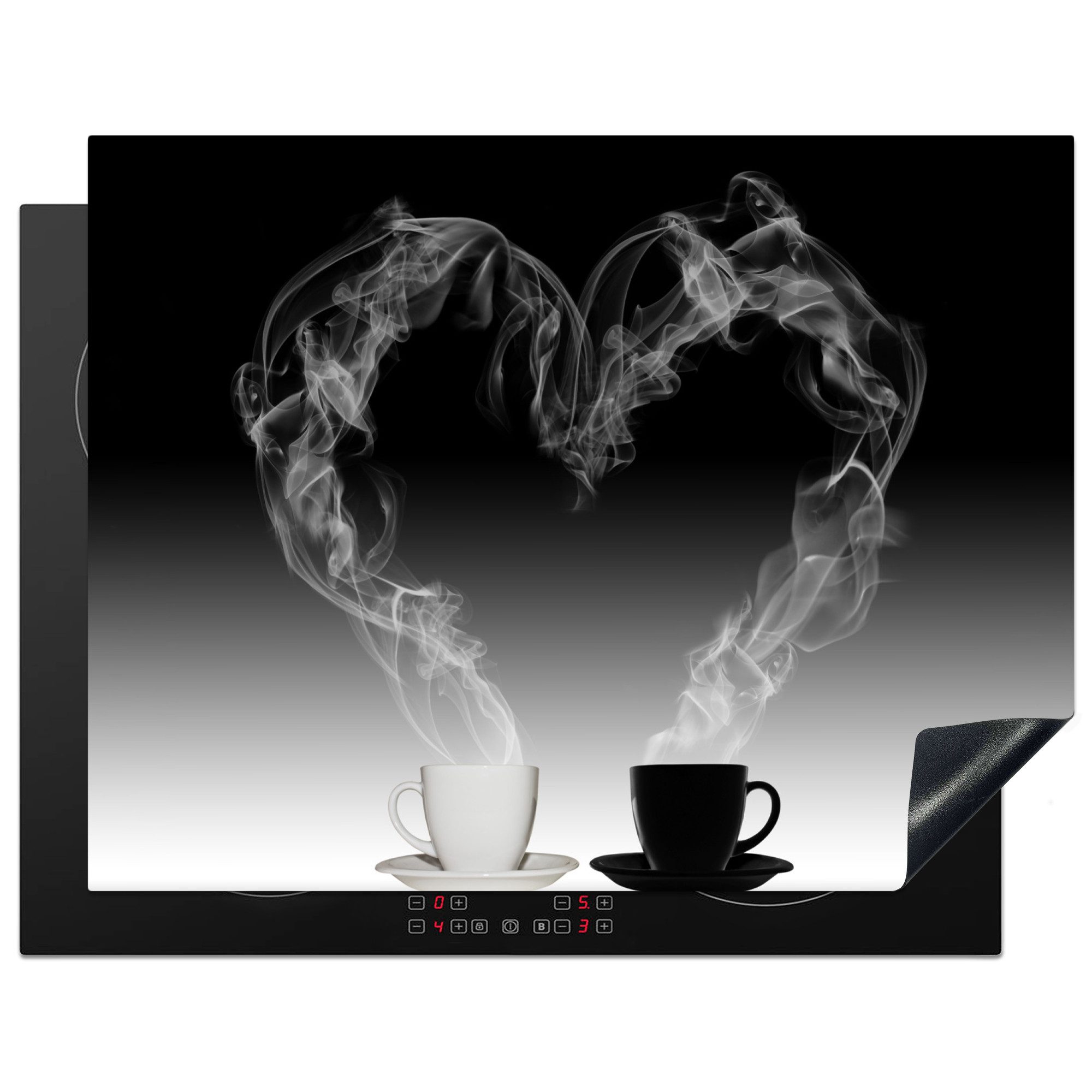 MuchoWow Herd-Abdeckplatte Kaffee - Herz - Wasserdampf - Schwarz - Weiß, Vinyl, (1 tlg), Kochfeld Abdeckung Ceranfeld, Induktionsschutzmatte, 80x55 cm