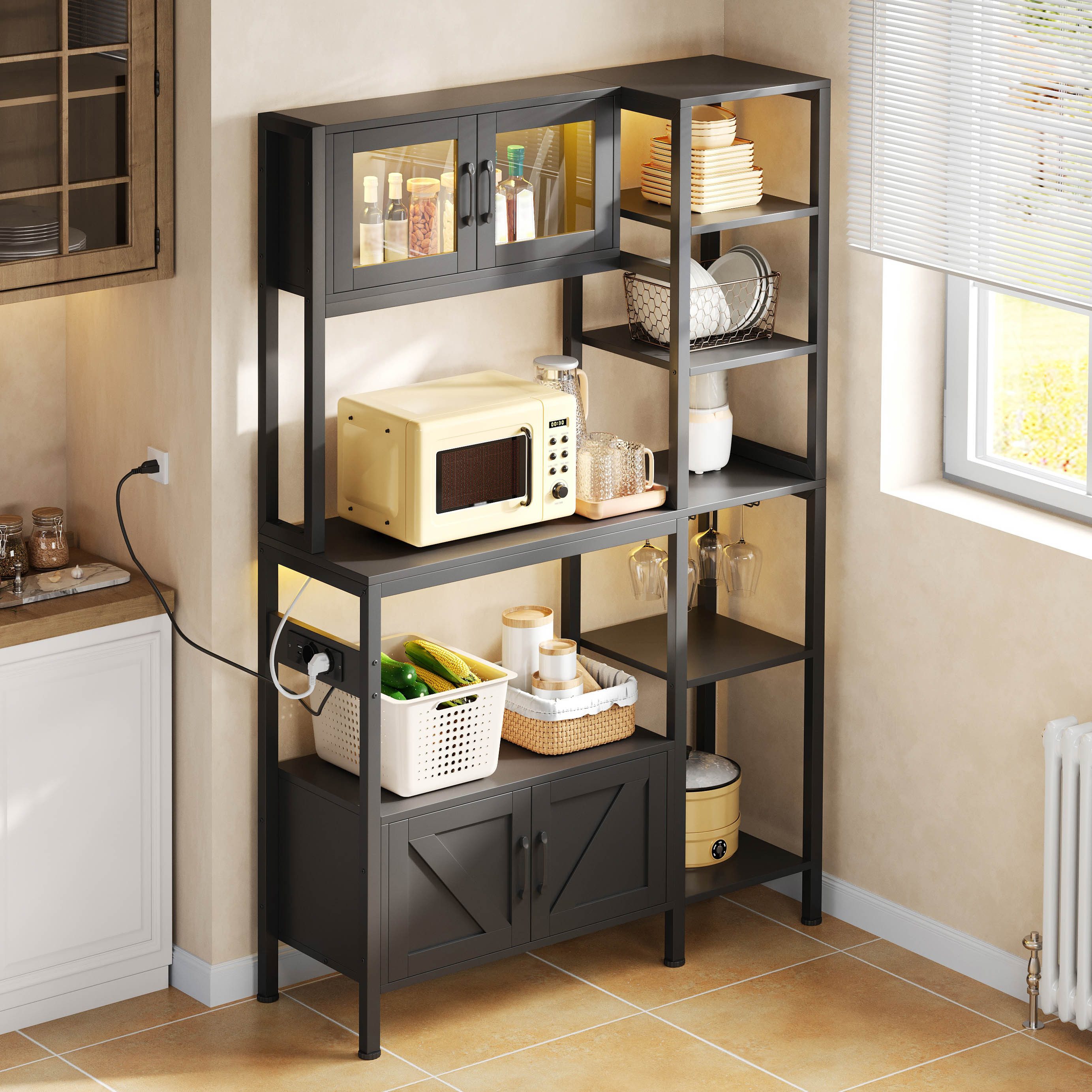 Flieks Standregal Küchenregal mit Steckdose, LED-Beleuchtung, Gläserhalter und Glastüren, 115x40x180 cm 1-tlg., Küchenbuffet Bücherregal Hochschrank Schwarz, Stahlrahmen