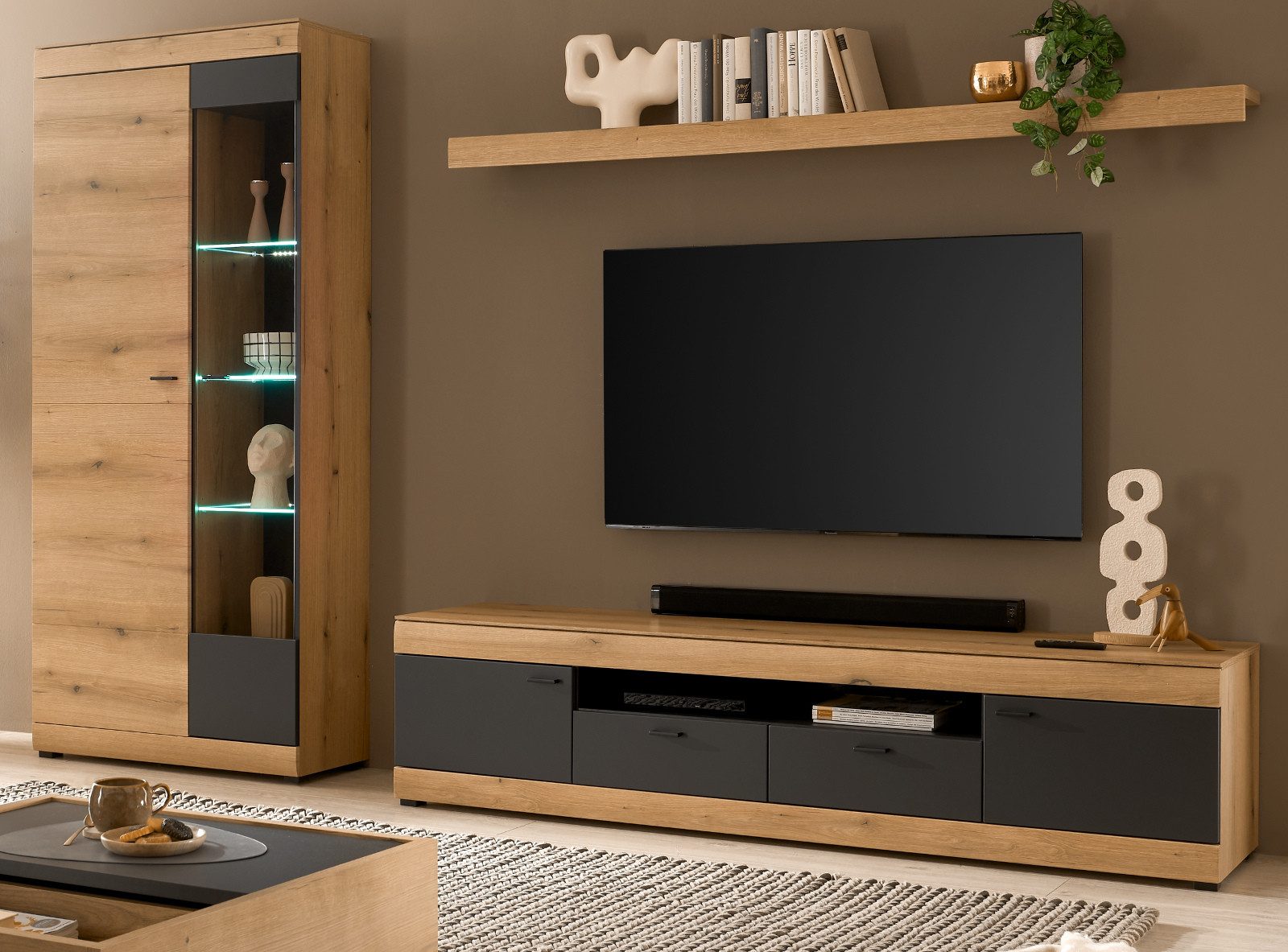 Furn.Design Wohnwand Assina, (Set 3-teilig in Eiche Evoke mit Graphit Grau, Schrankwand ca. 300 x 200 cm), mit großem TV Lowboard, Soft-Close-Funktion