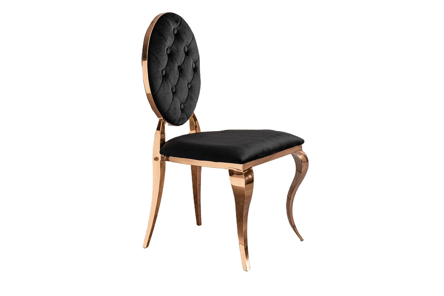 KAWOLA Esszimmerstuhl LINDA Barock-Design, roségoldfarbene Edelstahlfüße, Esszimmerstuhl Velvet schwarz roségold