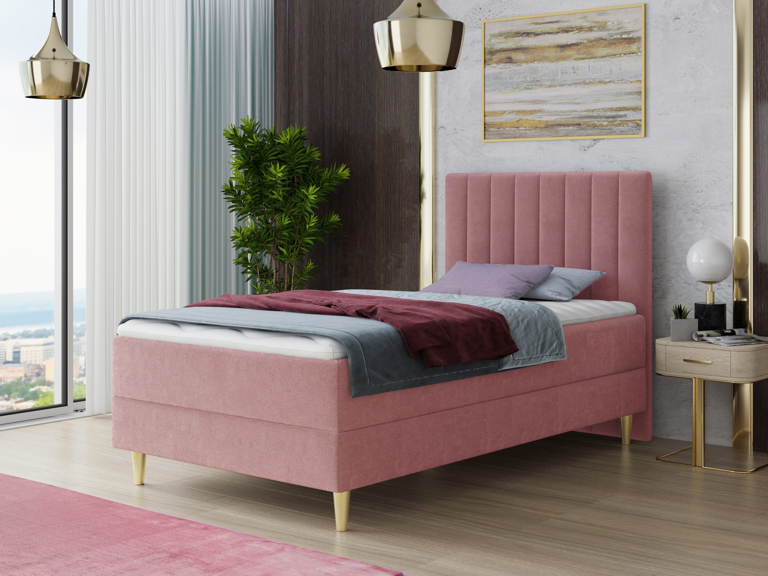 Sofnet Boxbett Gold Mini (mit Bettkasten, Bonell-Matratze und Topper), Einzelbett, Polsterbett, Boxspringbett, Kinderbett, Gold Füße