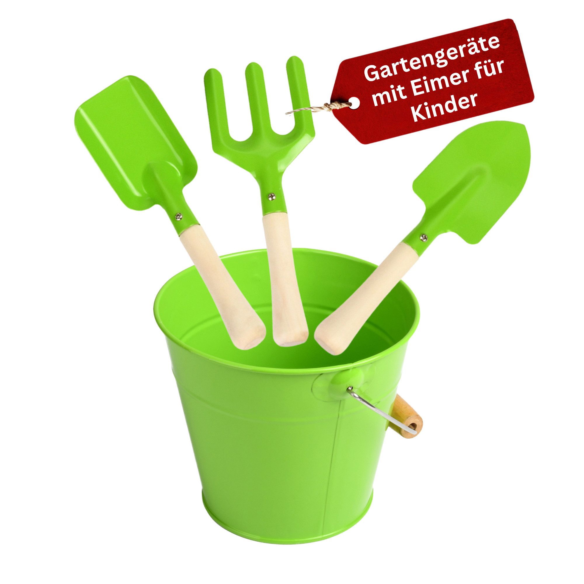 Eli Spielzeug-Gartenset Gartenwerkzeug Kinder inkl. 3 Werkzeuge und Eimer, (Kinderwerkzeug - Outdoor, - Geschenke für Jungen und Mädchen - Spielgeräte Garten), Pappelholz - Eisen
