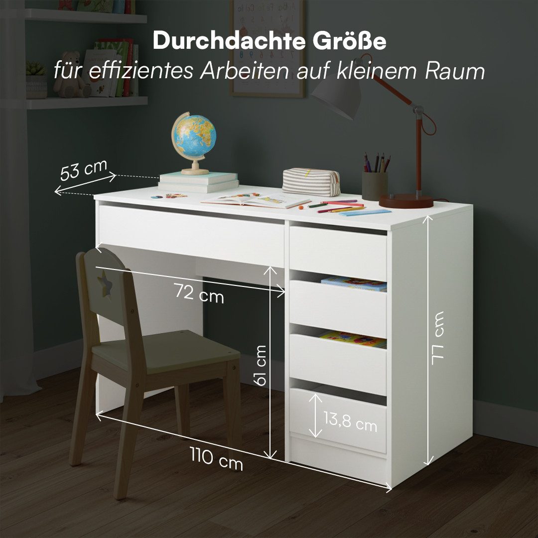 Bellabino Kinderschreibtisch Nore weiß, Jugendschreibtisch 110x53 cm mit 5 Schubladen, beidseitig montierbar