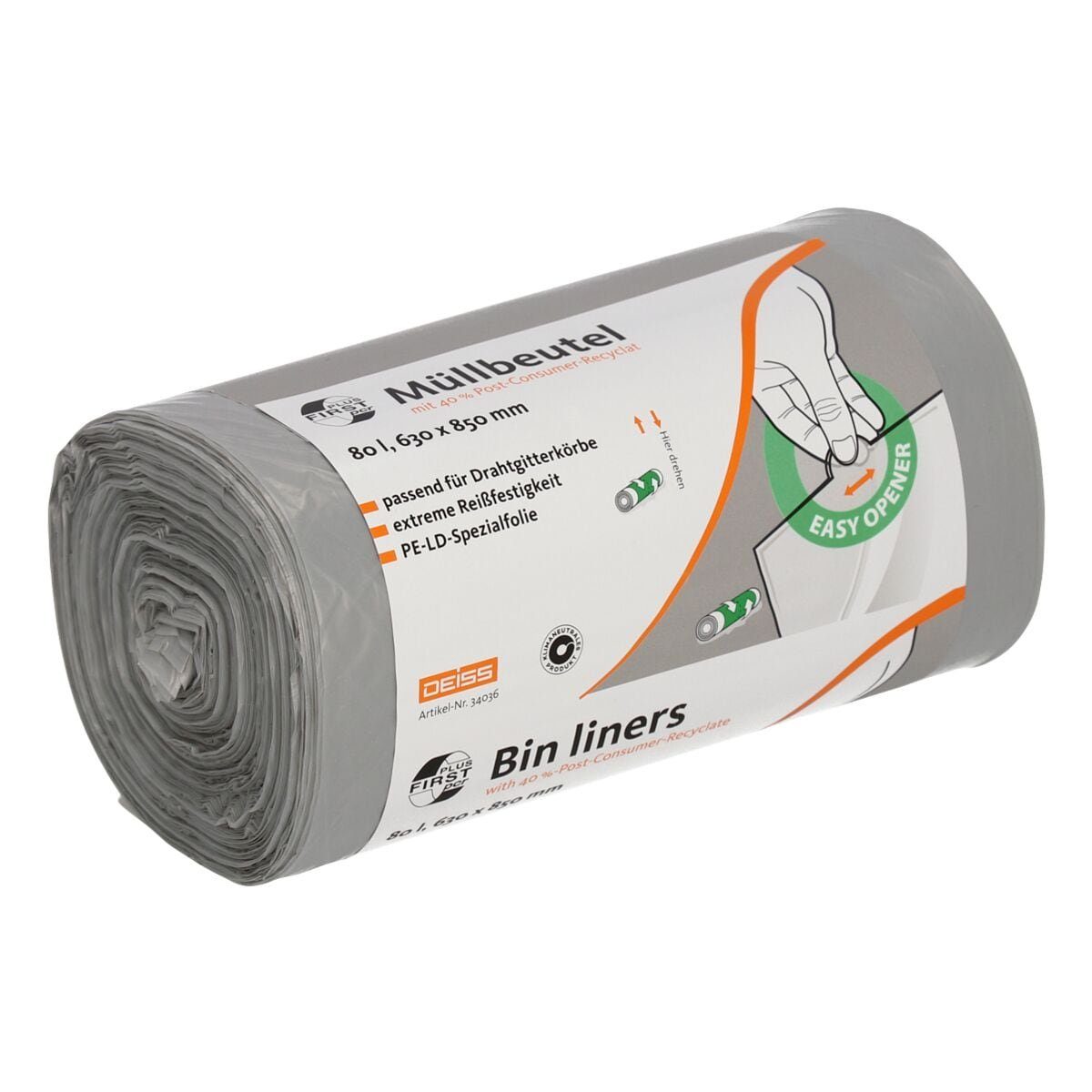 Deiss Мусорные урны FIRST PLUS pcr ®, extrem reißfest, 80 Liter, 50 Stück/Rolle, grau