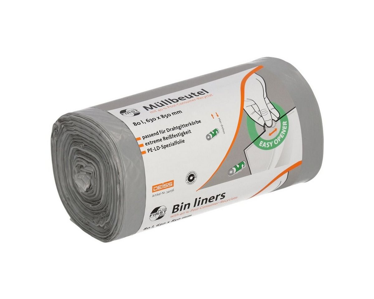 Deiss Müllbeutel FIRST PLUS pcr ®, extrem reißfest, 80 Liter, 50 Stück/Rolle, grau