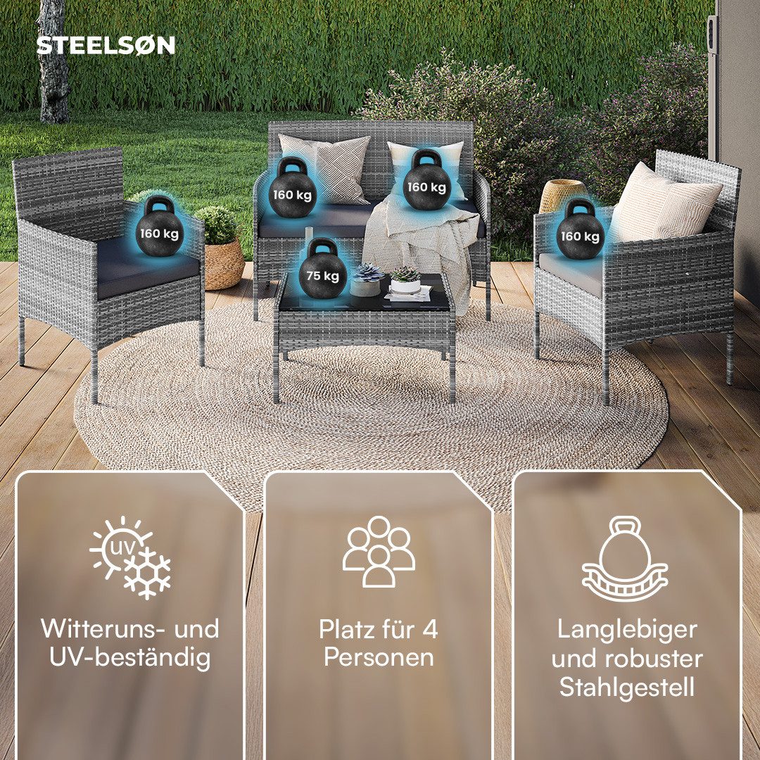 STEELSØN Gartenlounge-Set Thalora, (4-er Set grau-meliert, 1x Sofa, 2x Stuhl, 1x Tisch), Polyrattan Gartenmöbel Set, verschiedene Ausführungen
