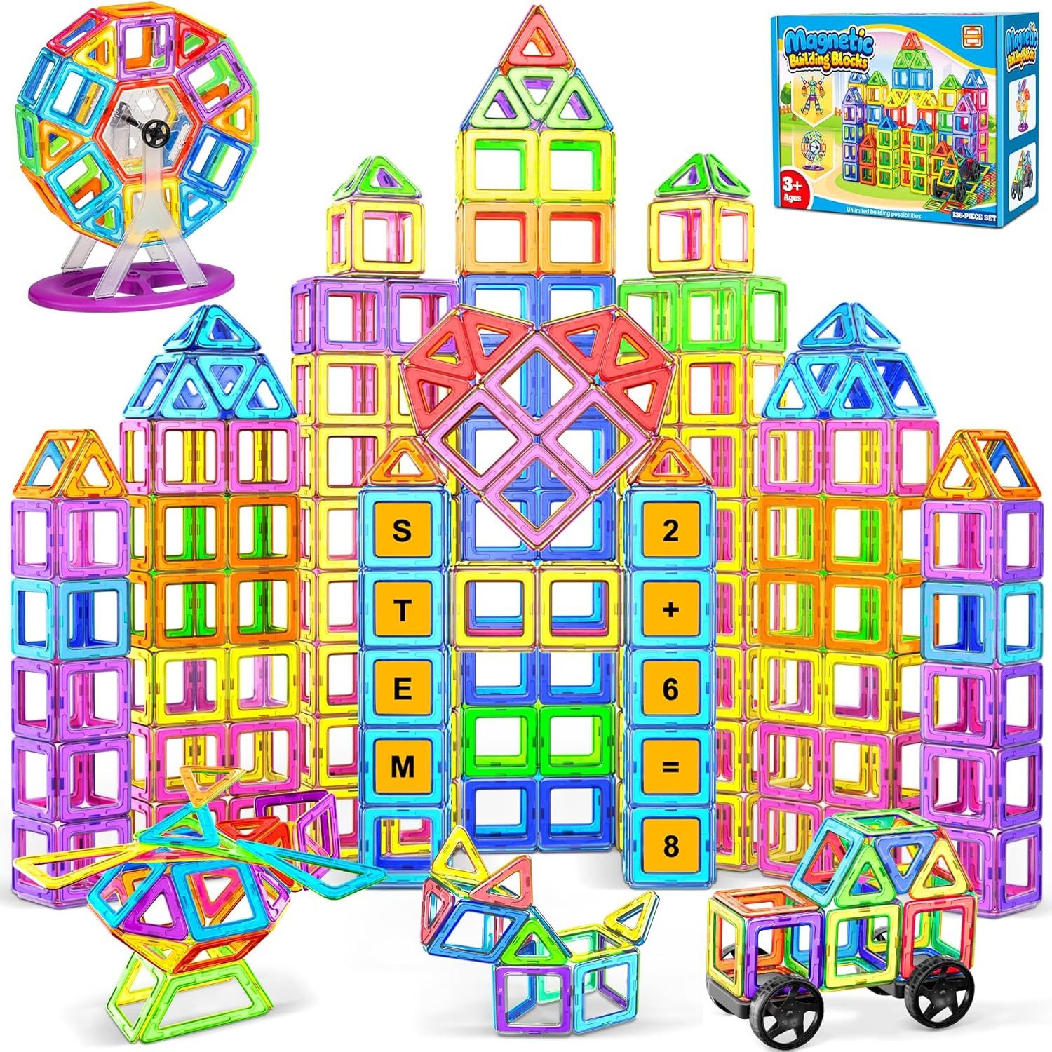 Athlix Magnetische Bausteine, Magnetspiel STEM Magnetbausteine, Montessori Magnetspielbausteine, 50 - 136 Stück, Unbegrenzte Bauoptionen, 2D & 3D