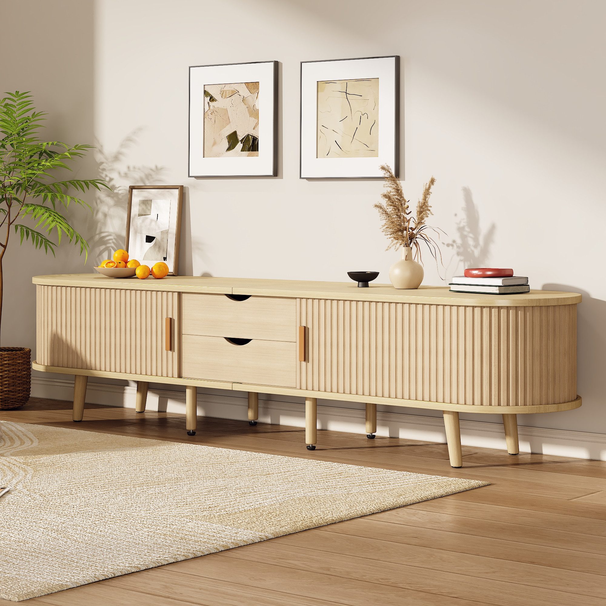 KLAM HOME Lowboard Lowboard TV Schrank Mit Runder Tischplatte Und Teleskop Schiebetüren (Modernes Wohnzimmer Lowboard In Walnuss Optik Mit 2 Schubladen), TV Unt – Bild 5 von 5