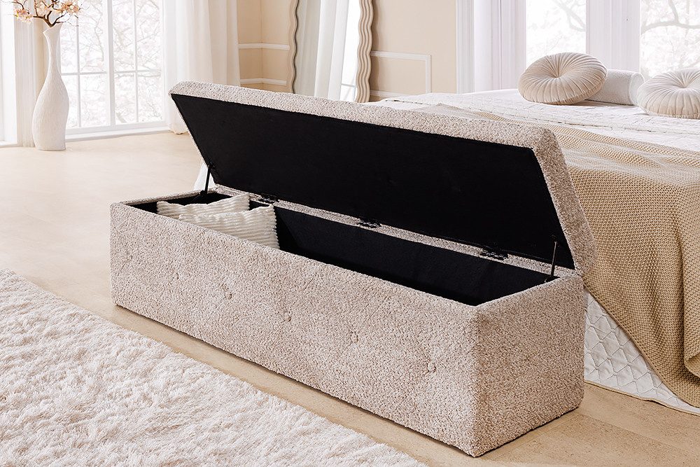 riess-ambiente Bettbank EXTRAVAGANCIA 140cm champagner greige · Stauraumbank aus Bouclé-Stoff (Einzelartikel, 1-St), Klappdeckel · Schaumstoffpolsterung · Sitzbank im Chesterfield-Design