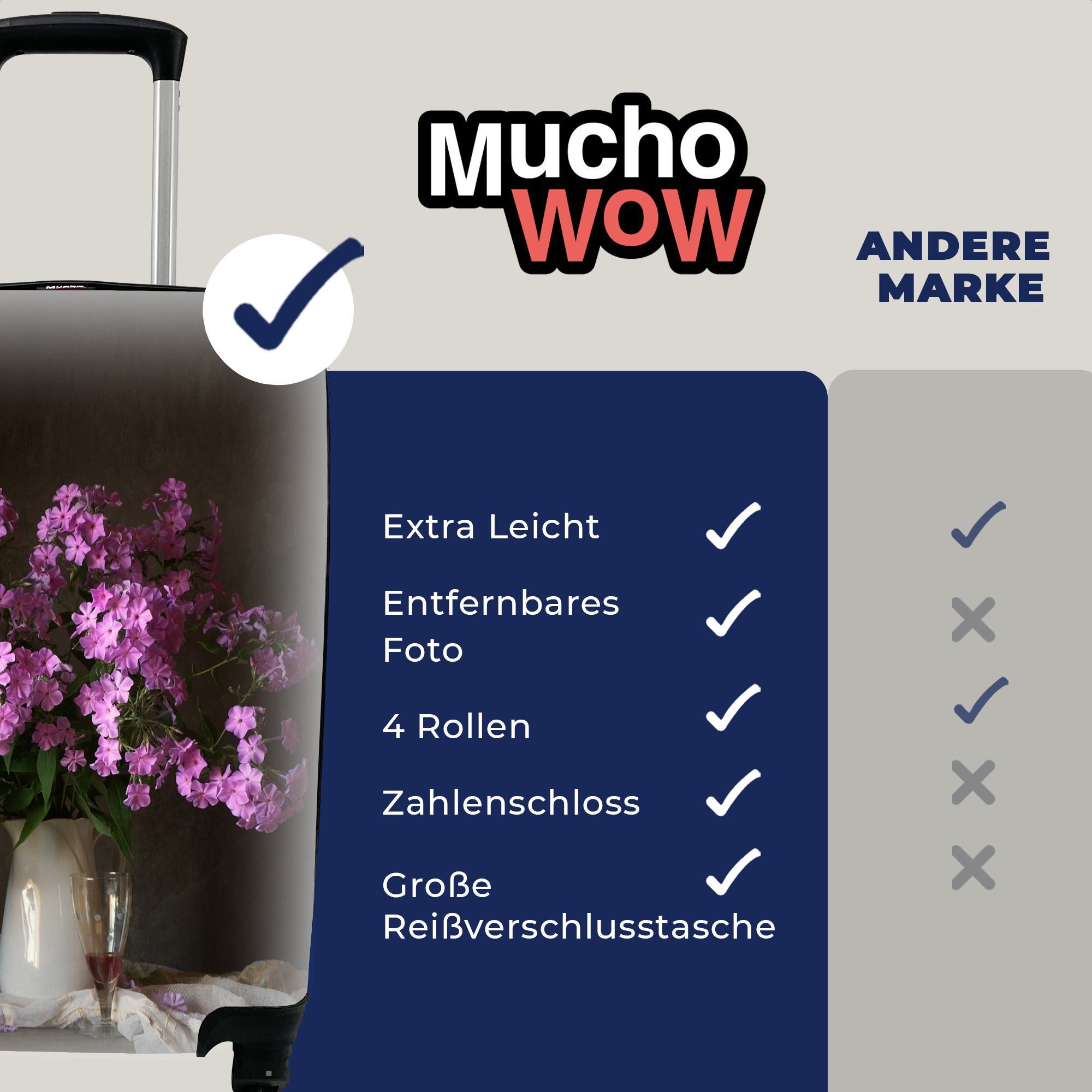 Trolley, Blumen mit Ferien, Handgepäck - Reisekoffer MuchoWow Rollen, - Rosa, für rollen, Reisetasche Krug 4 Handgepäckkoffer