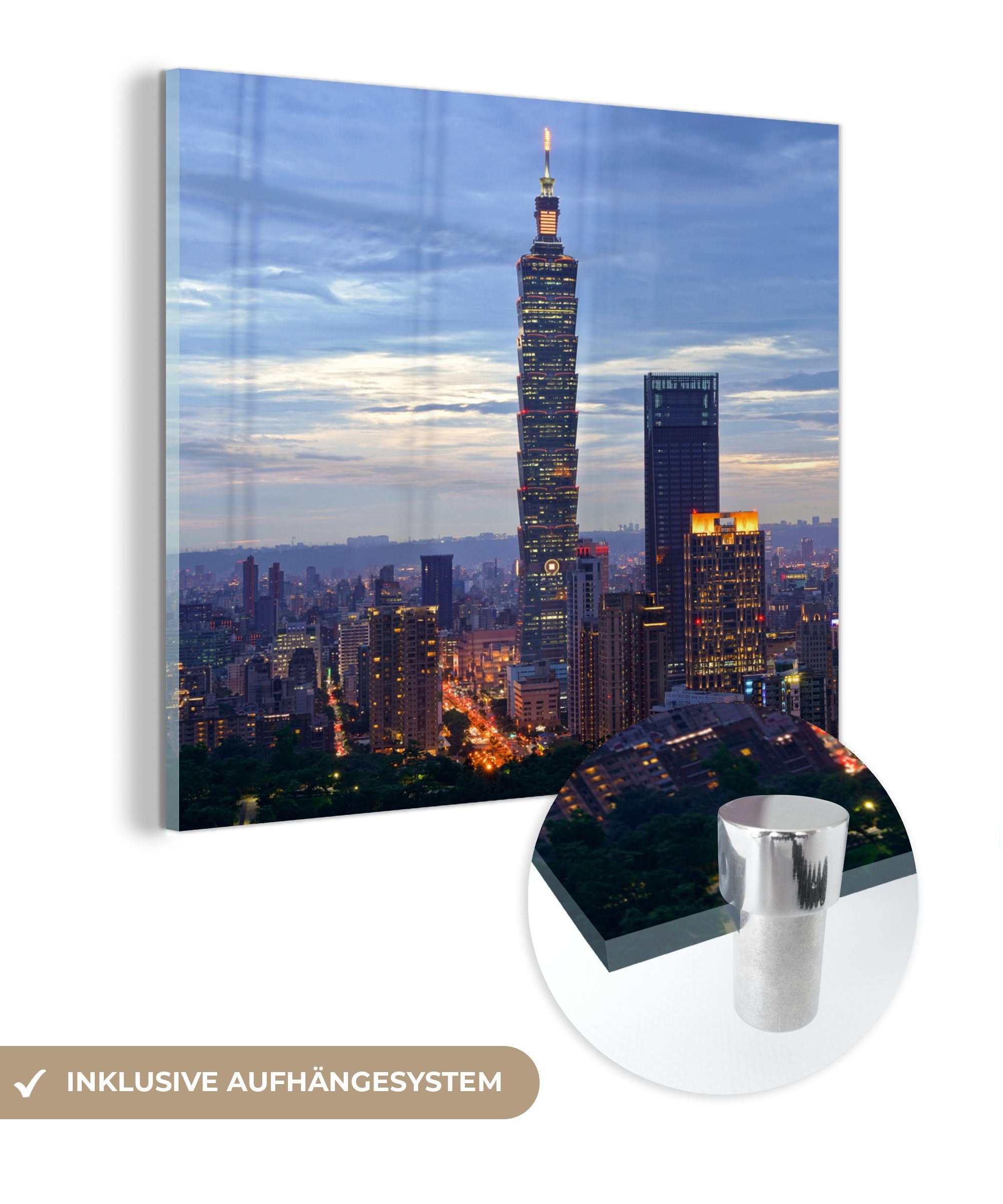 MuchoWow Acrylglasbild Das asiatische Stadtbild von Taipeh und sein Taipei 101, (1 St), Glasbilder - Bilder auf Glas Wandbild - Foto auf Glas - Wanddekoration