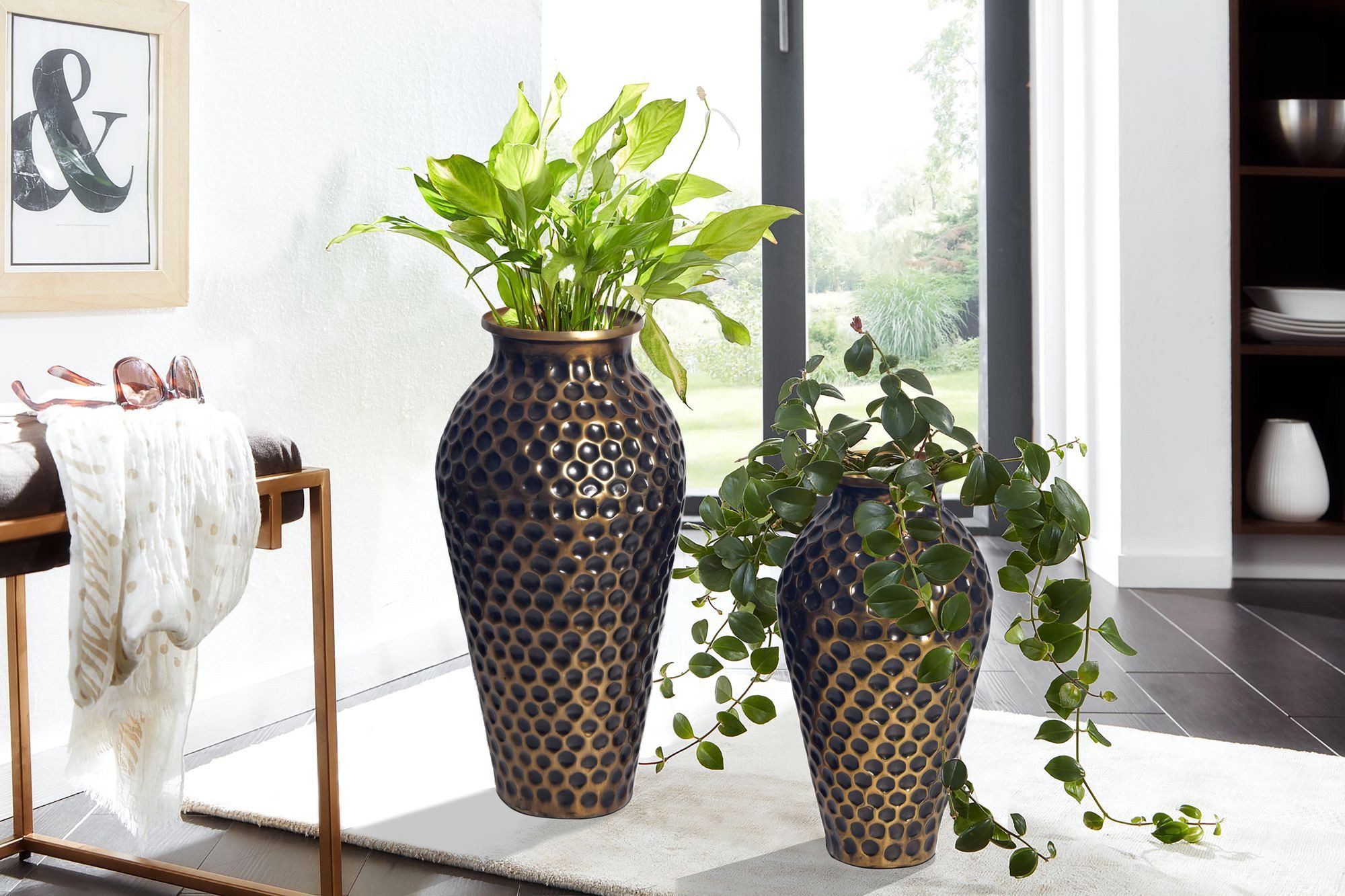 FINEBUY Bodenvase Vase 2er Set Blumenvase Aluminium Amphore Tischvase Rund günstig online kaufen