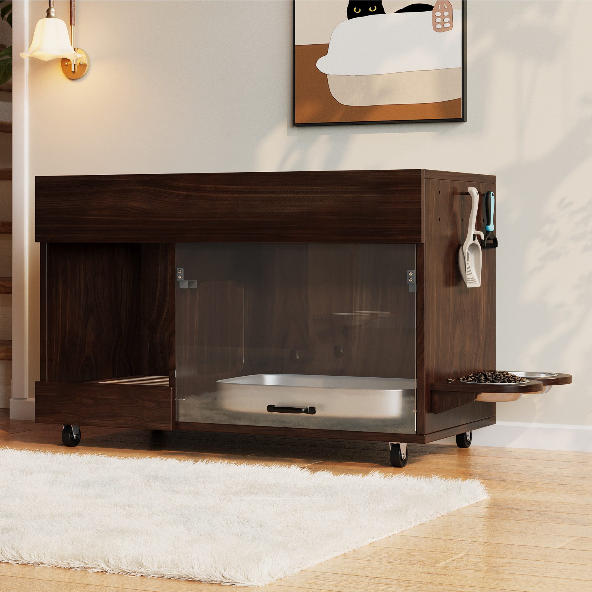 Flieks Mehrzweckschrank bewegbar Katzenkloschrank mit Futternäpfe und Sandauffangschale (100×45,5×67 cm, 1-St) Katzentoilettenschrank mit Rollen, Acryltür und Lochplatte Holzoptik