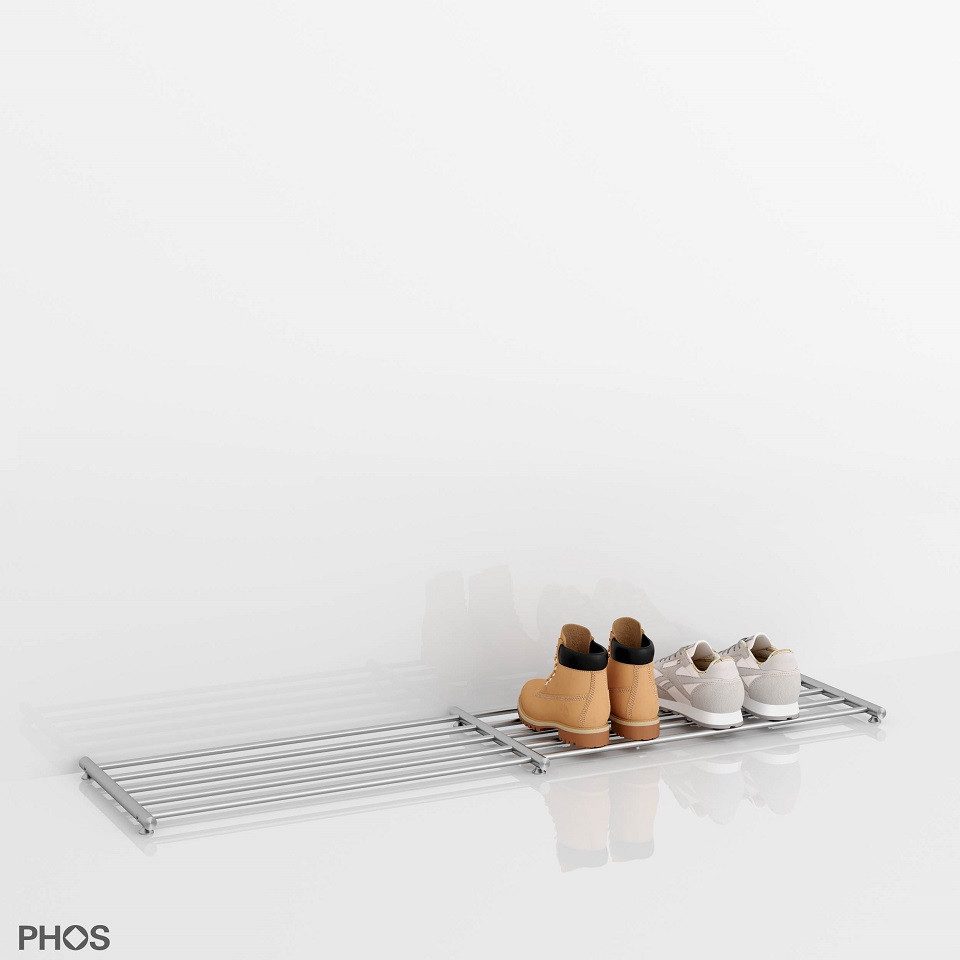 PHOS Design Schuhregal und Schuhablage aus Edelstahl: 30 - 120cm Breite, 1 - 5 Ablageflächen, Modell: SR1200-1, freistehend - 100% Made in Germany