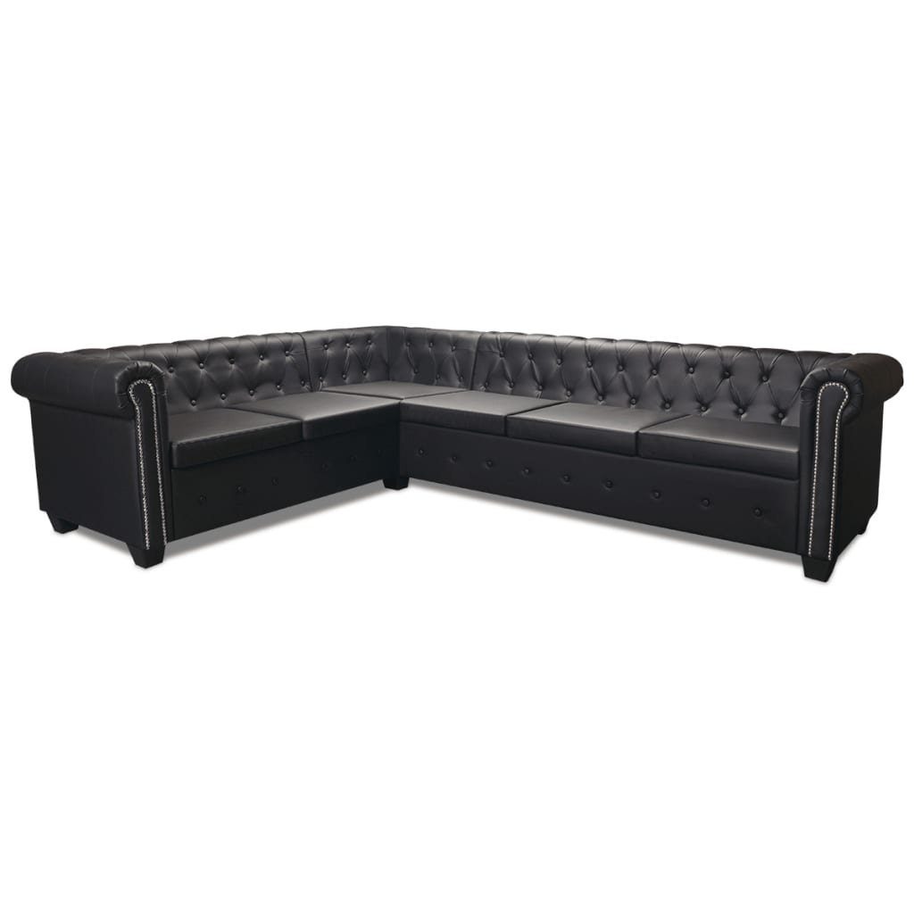 furnicato Ecksofa Chesterfield 6-Sitzer Kunstleder Schwarz