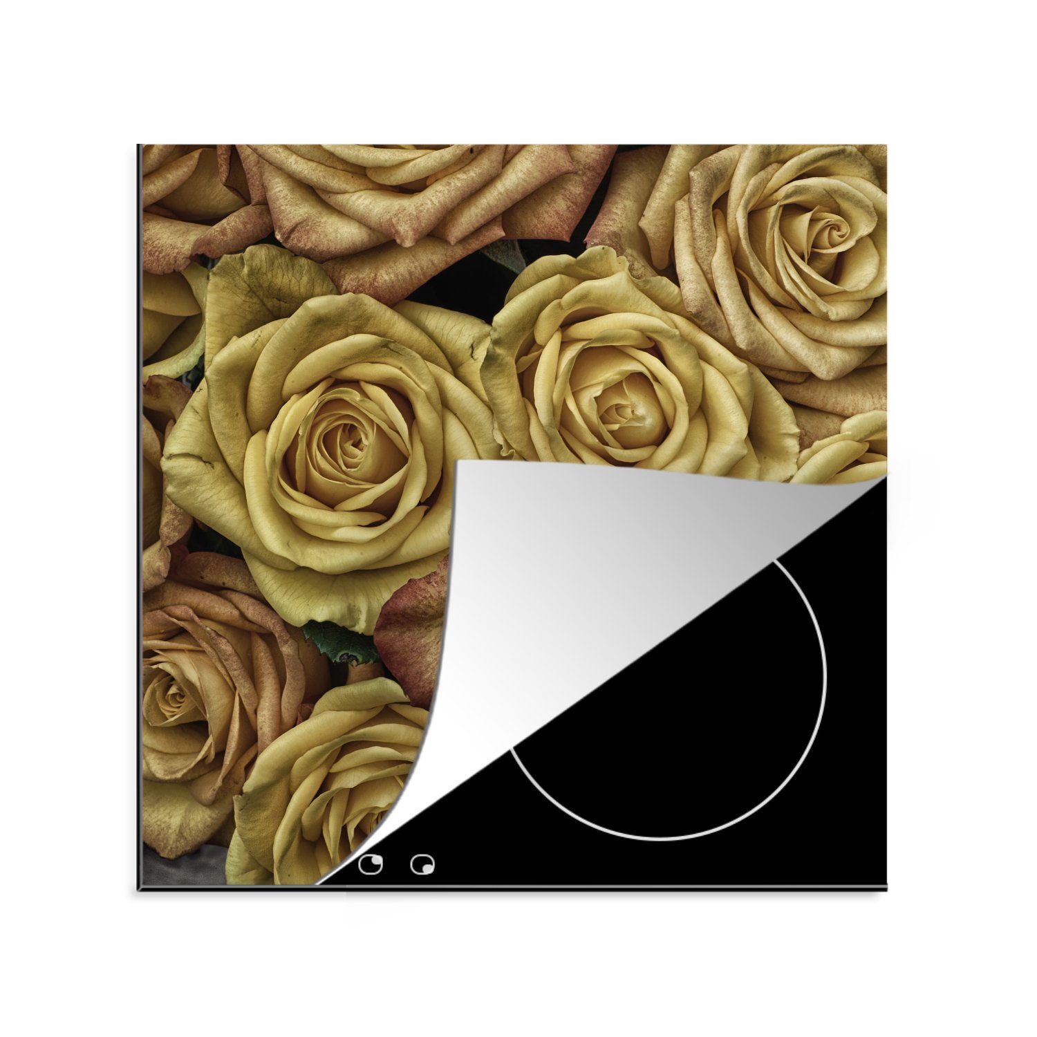 MuchoWow Herdblende-/Abdeckplatte Rosen - Gold - Blumenstrauß, Vinyl, (1 tlg), 78x78 cm, Ceranfeldabdeckung, Arbeitsplatte für küche