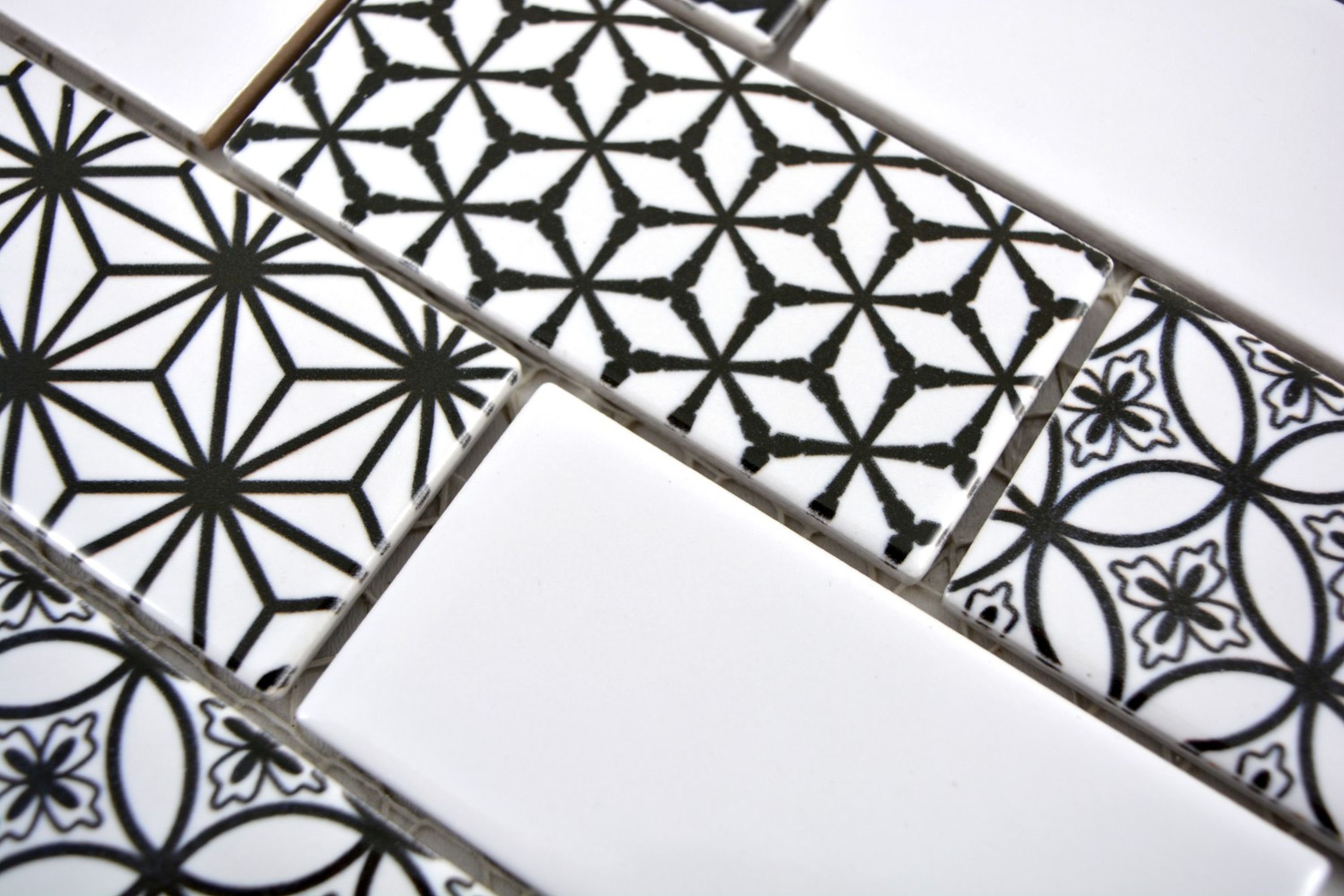 Mosani Mosaikfliesen Metro Grau Schwarz Facette glänzend Keramik Weiß Fliesen ohne