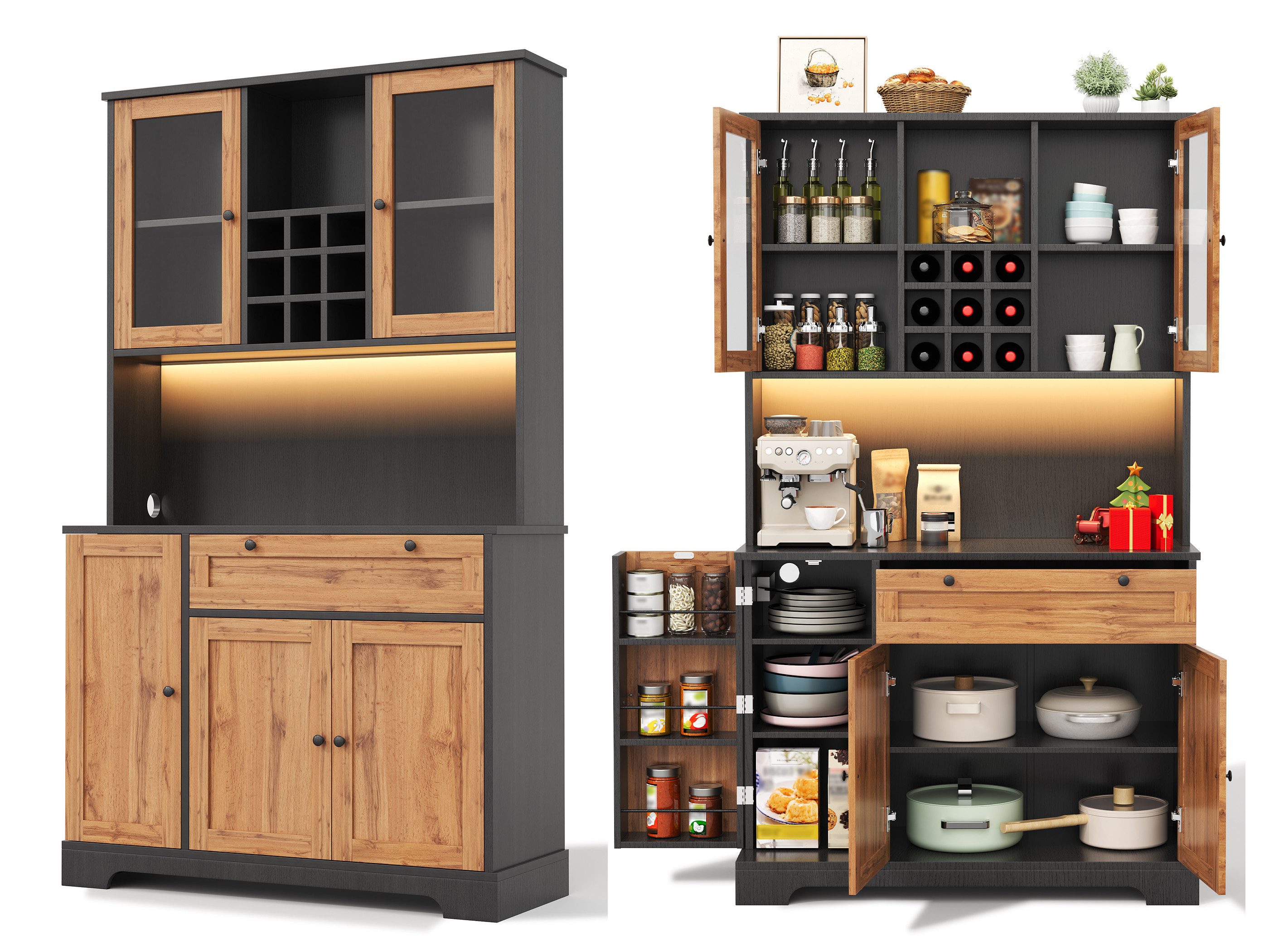 SeedWave Buffet Vielseitiges Küchenbuffet mit LED-Lichtleiste, Ladefunktion, Weinregal Hochschrank mit Höhe 180cm, 2× Glastüren, viel Stauraum