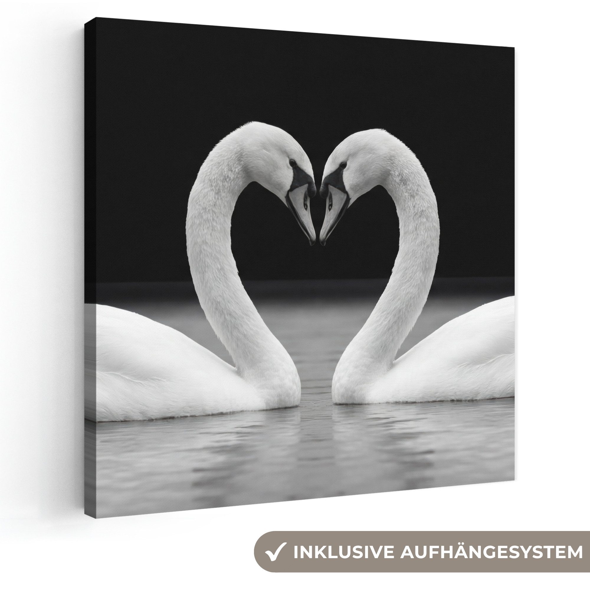 OneMillionCanvasses® Leinwandbild Schwäne - Herz - Schwarz - Weiß, Fotodruck (1 St), Wandbild, Deko Schlafzimmer Wohnzimmer Flur 20x20 cm
