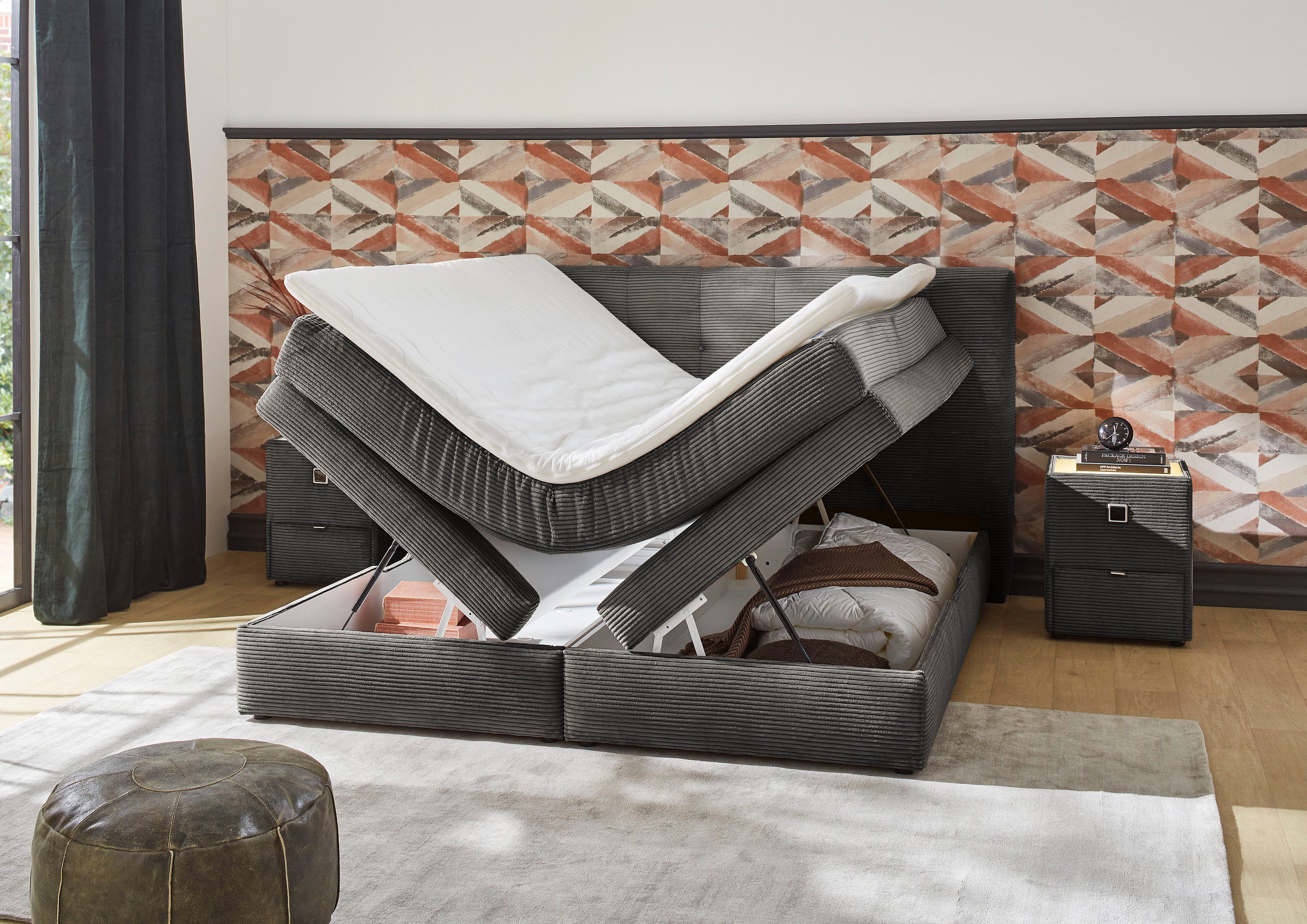 Jockenhöfer Gruppe Boxspringbett AMY in Cord, erhältlich in den Breiten 180cm & 200cm, mit Bettkasten & Kaltschaum-Topper