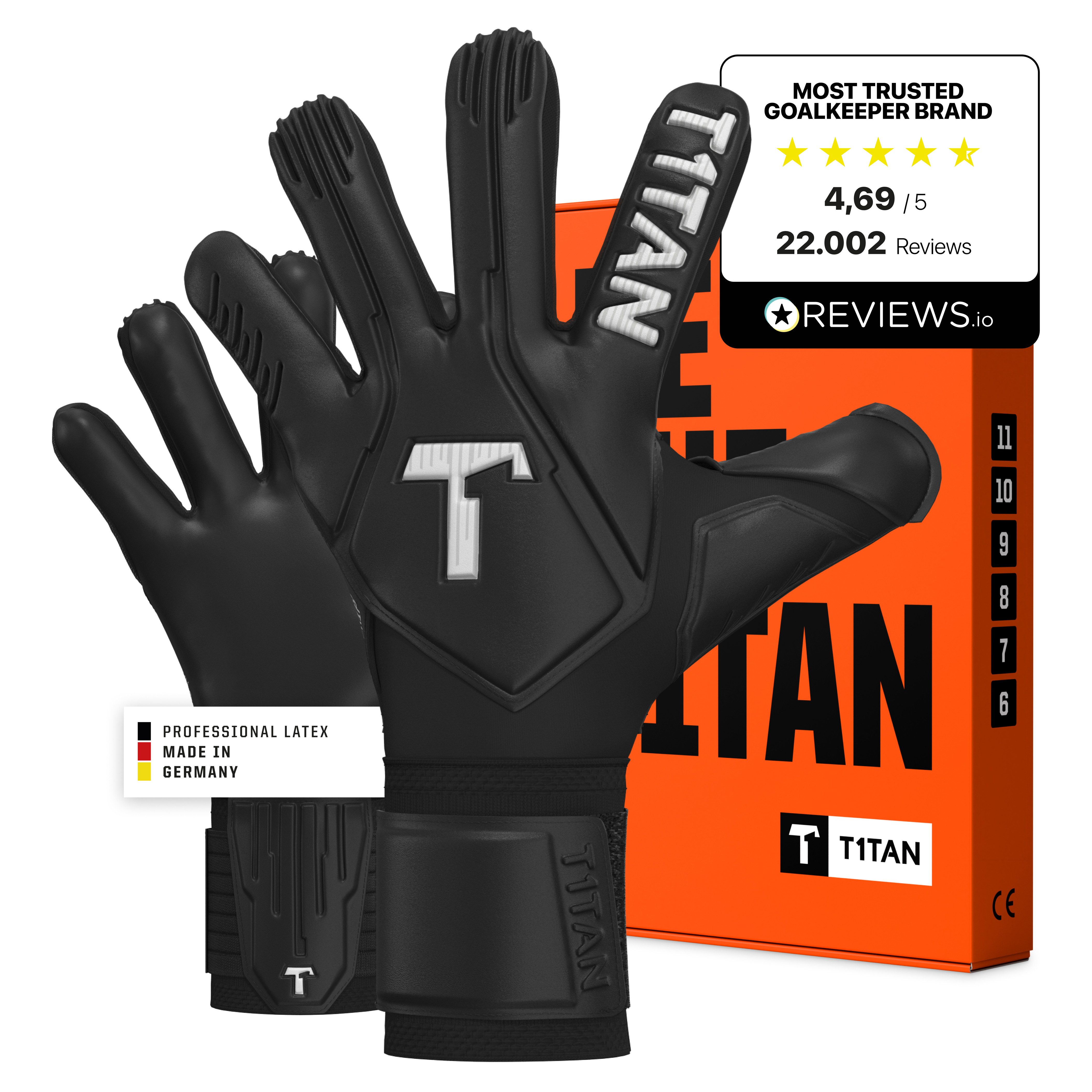 T1TAN Torwarthandschuhe Erwachsene, LEGEND Black-Out, Größe 6-11