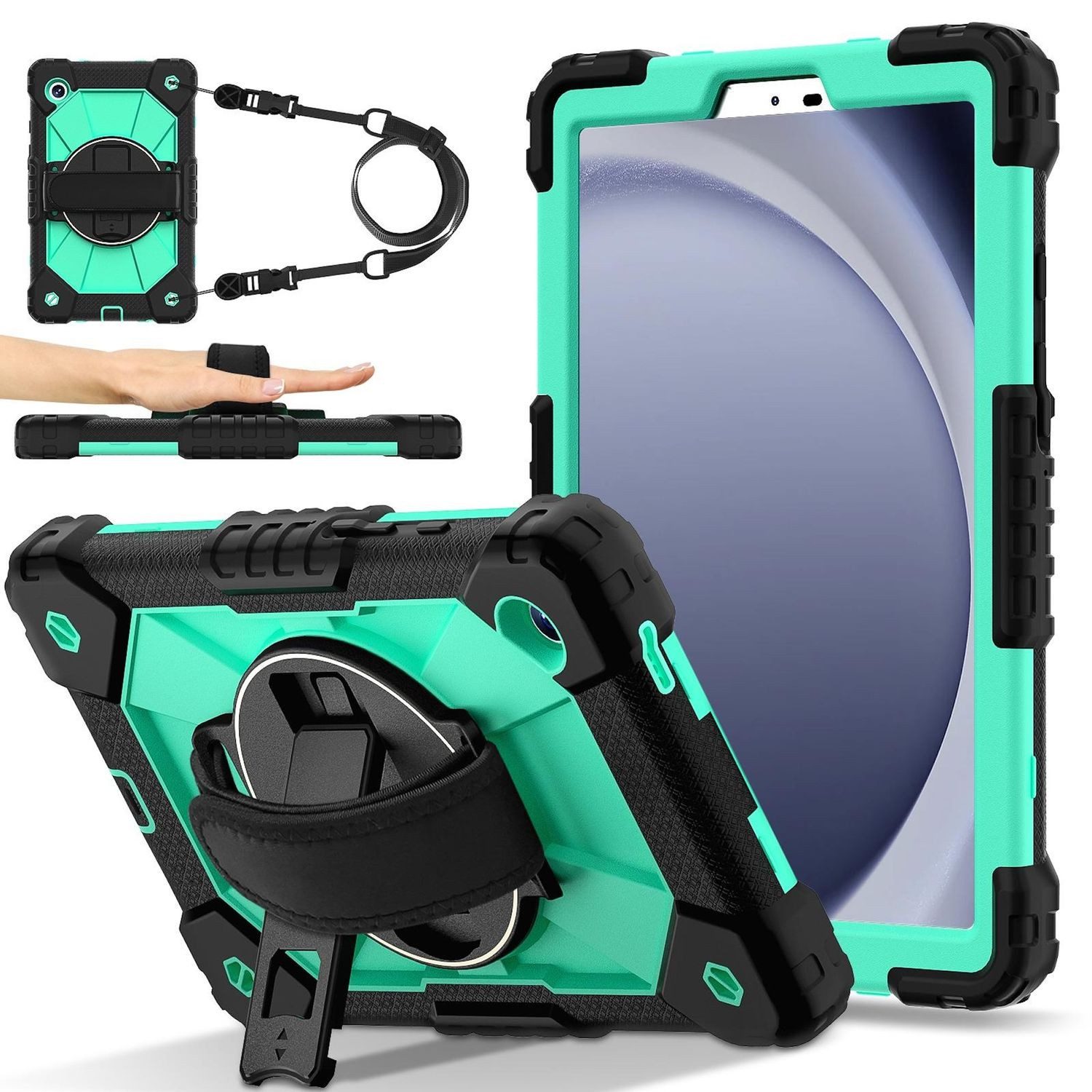 Wigento Tablet-Hülle Für Samsung Galaxy Tab A11 Hybrid Hülle Halter & Schultergurt Türkis, Hybrid Schutzhülle Smart Case Cover mit Schultergurt