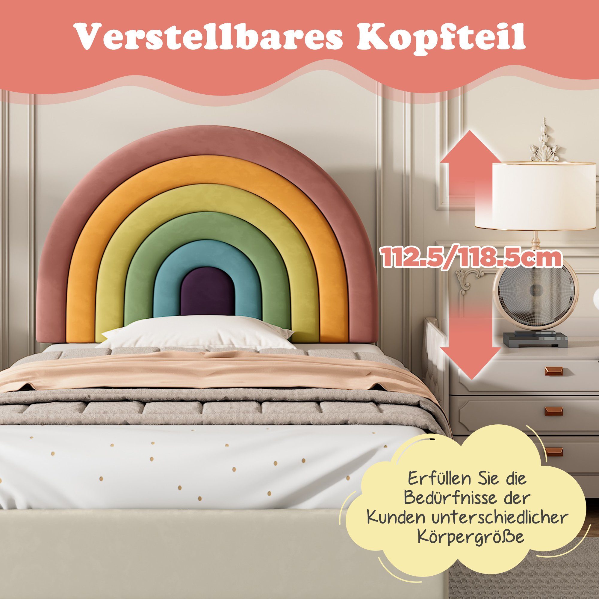 Polsterbett (Jugendbett mit Lattenrost), Kinderbett mit verstellbarem Regenbogen-Kopfteil, 90x200 cm, Samt