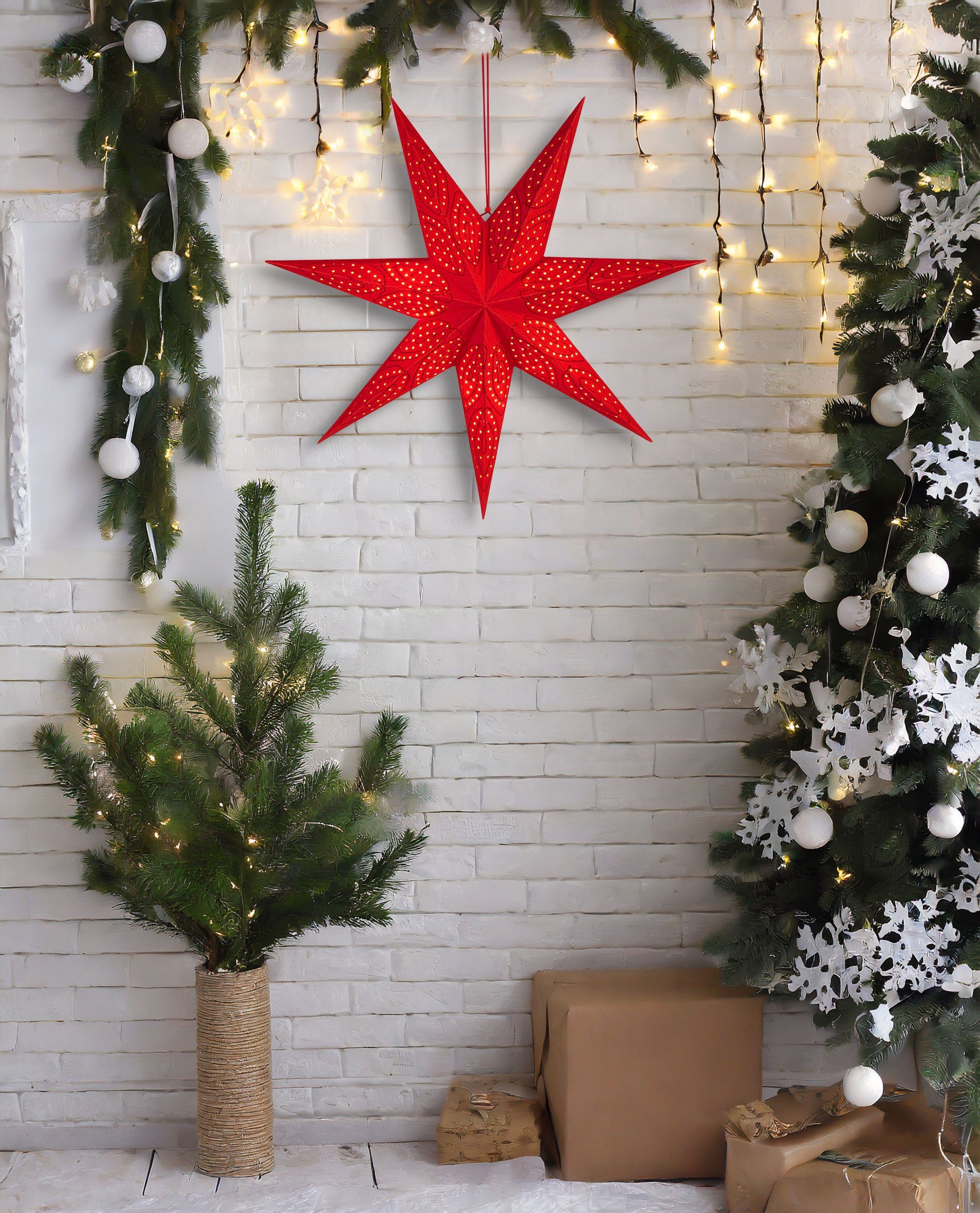 Beleuchtbar cm Aufhängen Batterie, Stern LED Papierstern LED zum Leuchtstern Weihnachtsdeko 60 - integriert, Fenster für Rot - Papier Weihnachtsstern Hängender fest Warmweiß, BRUBAKER Adventsstern, mit mit LED - 3D Timer-Funktion