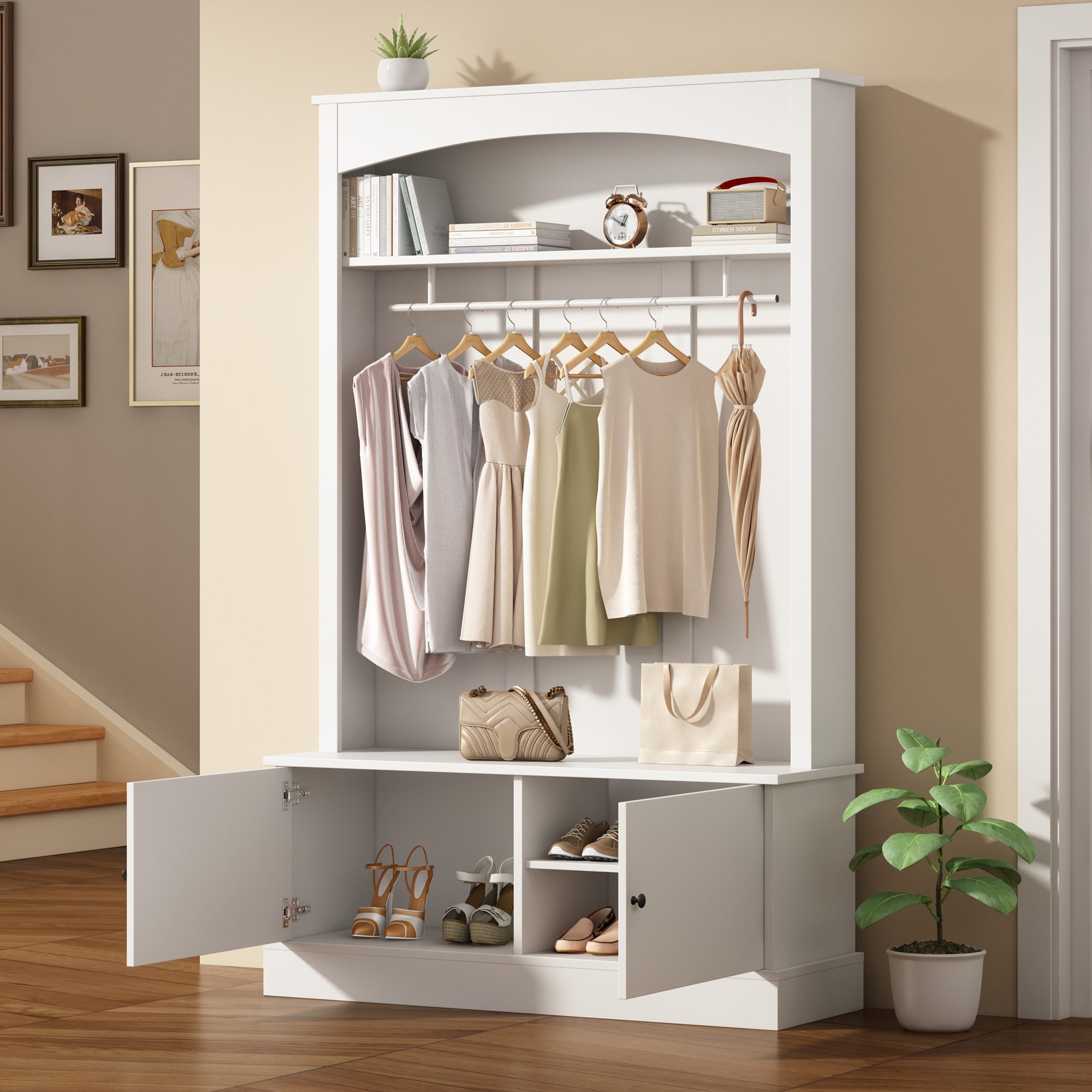 Merax Garderobenschrank 5 in 1 Garderobenständer Aufbewahrungsschrank (1-St., 120 x 40 x 190 cm) Eingangsschrank mit Sitzbank, verstellbaren Regalen & Kleiderstange
